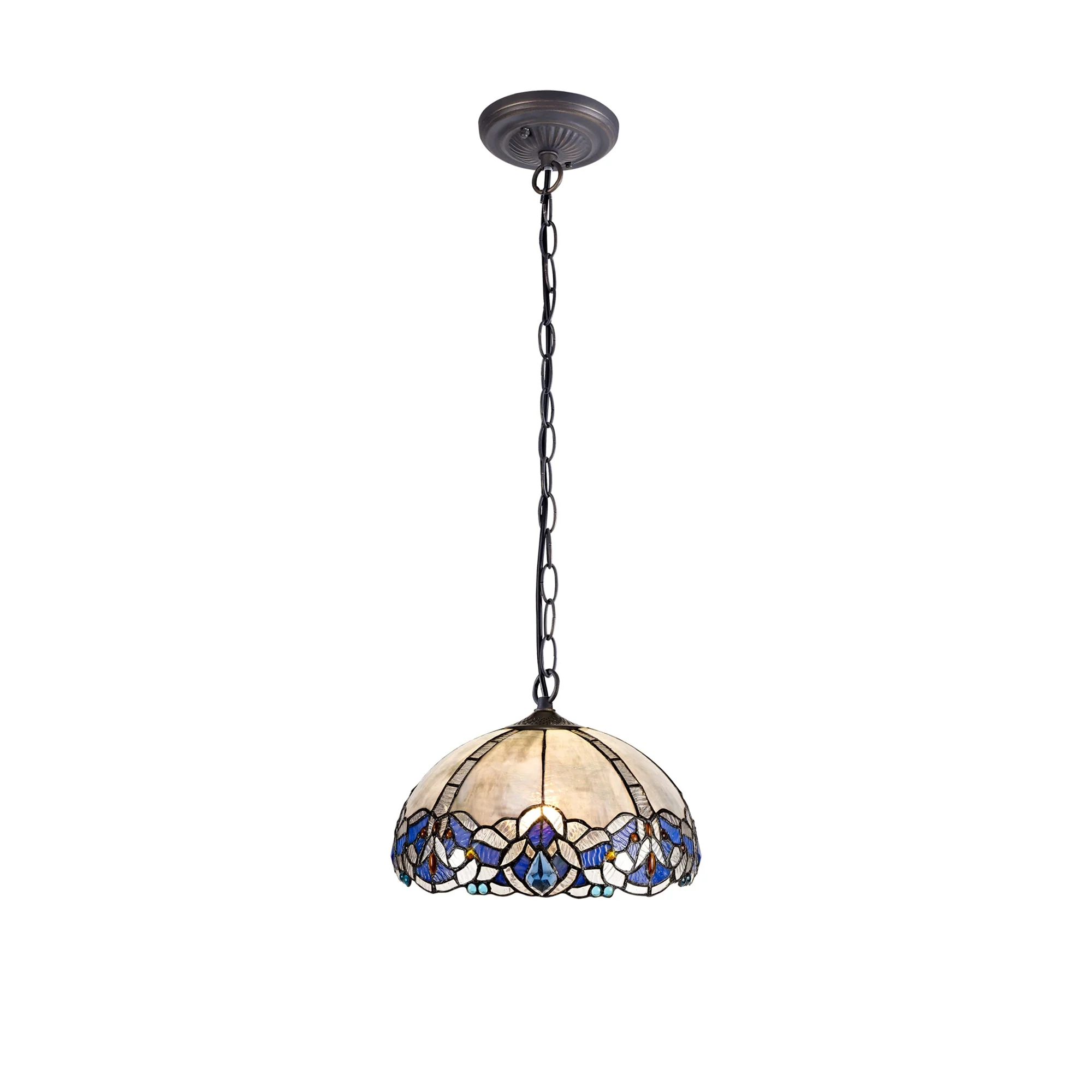 Oksana 1 Light Downlight Pendant E27 With Medium/Large Tiffany Shade, Blue & Clear Crystal & Aged Antique Brass - Image 2