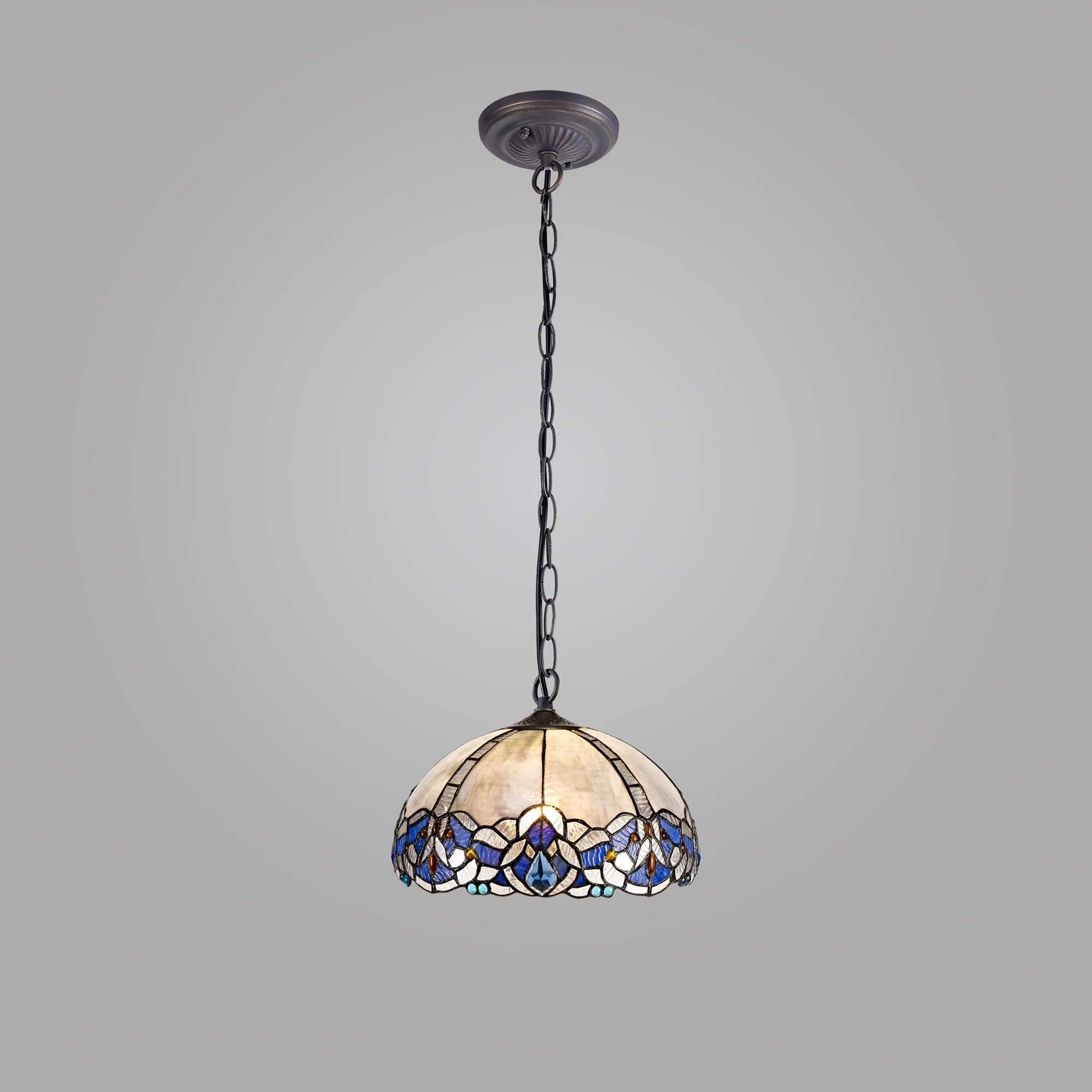 Oksana 1 Light Downlight Pendant E27 With Medium/Large Tiffany Shade, Blue & Clear Crystal & Aged Antique Brass - Image 3