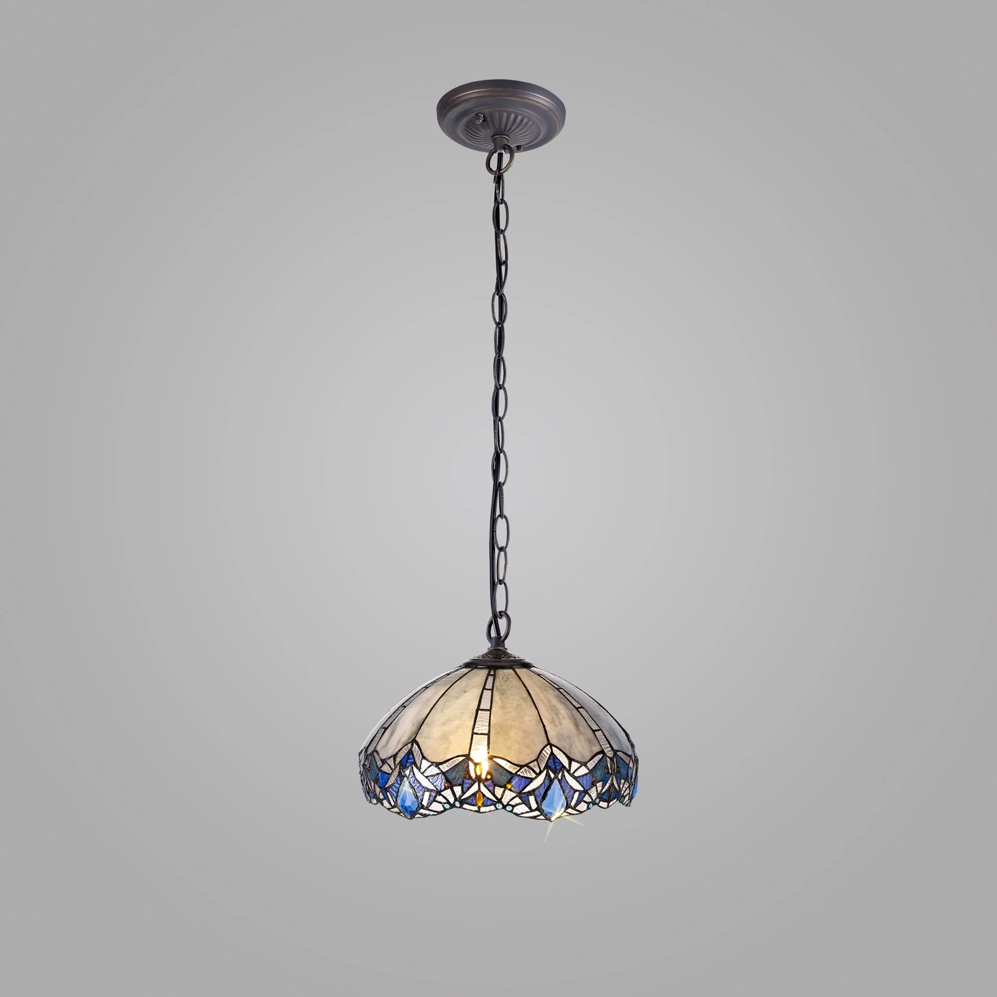 Oksana 1 Light Downlight Pendant E27 With Medium/Large Tiffany Shade, Blue & Clear Crystal & Aged Antique Brass - Image 7