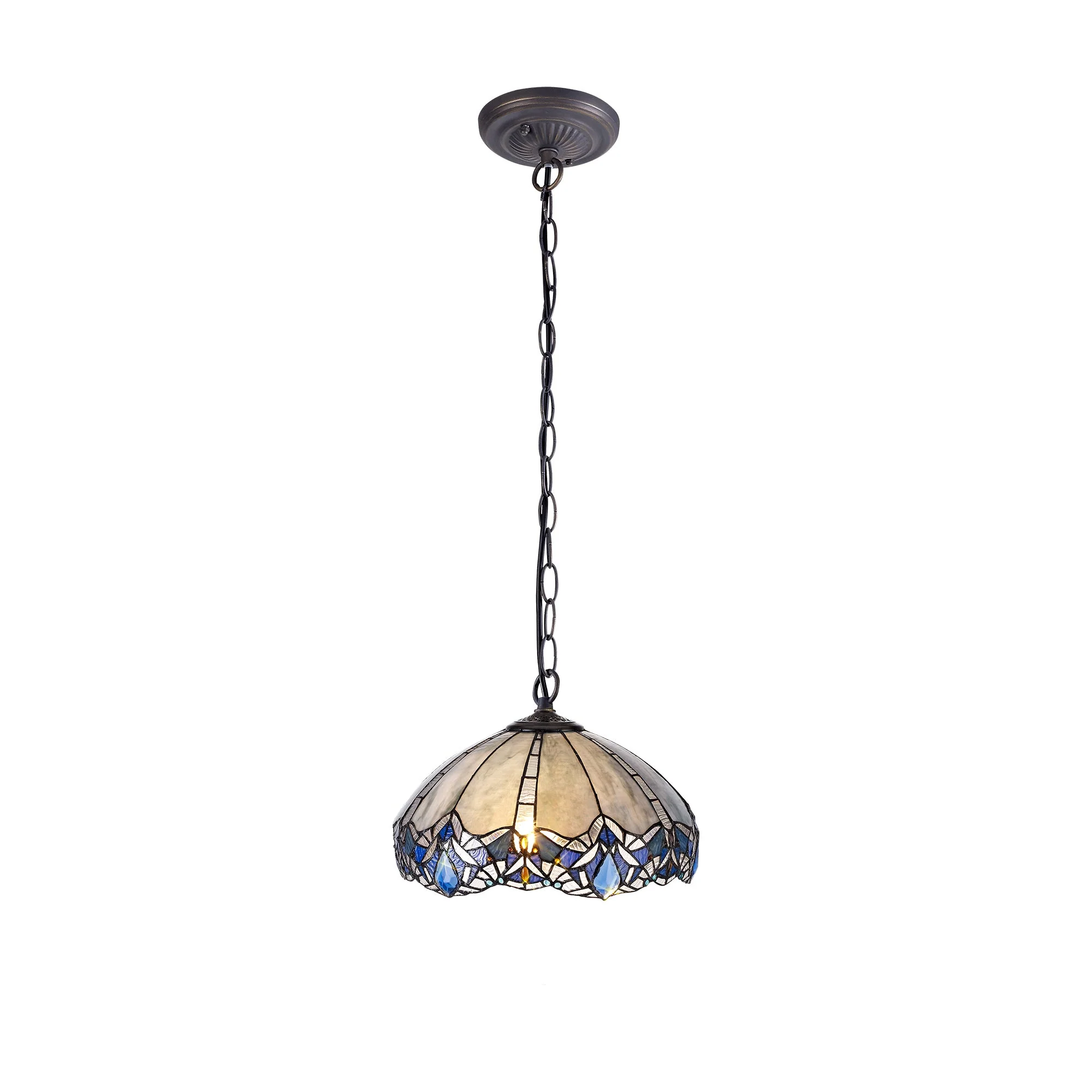 Oksana 1 Light Downlight Pendant E27 With Medium/Large Tiffany Shade, Blue & Clear Crystal & Aged Antique Brass - Image 8