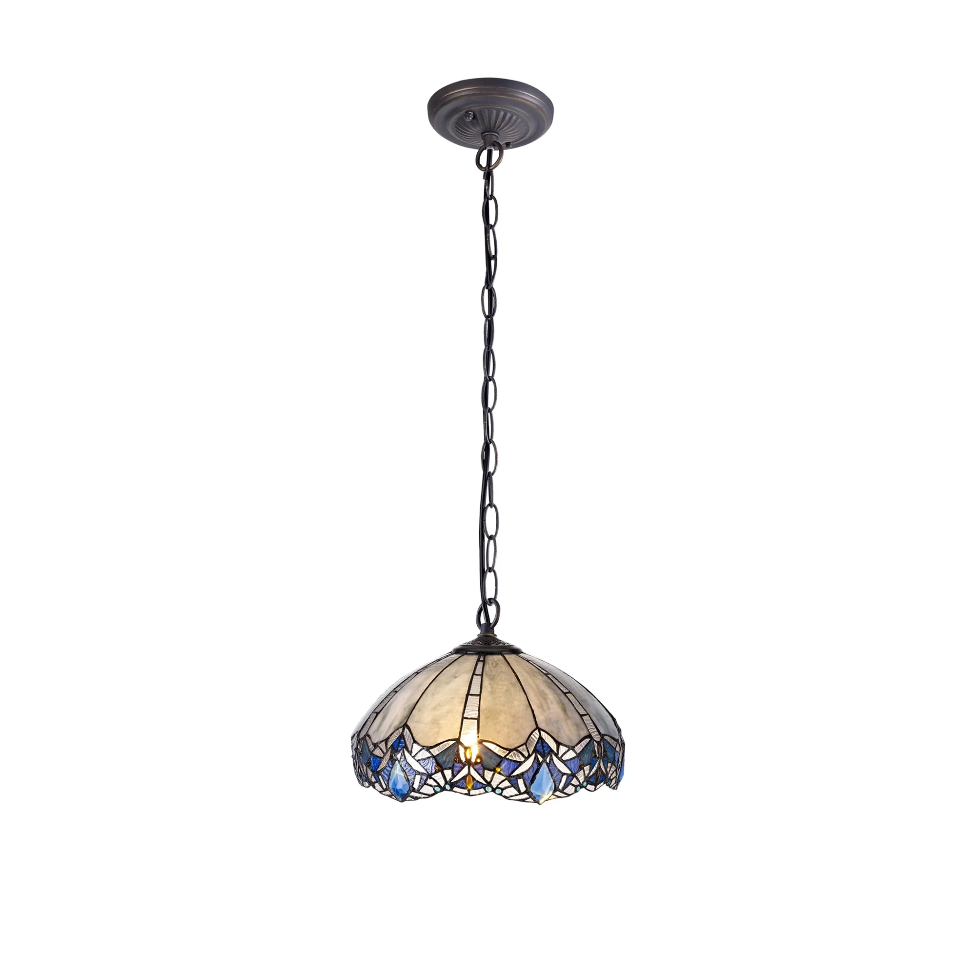 Oksana 1 Light Downlight Pendant E27 With Medium/Large Tiffany Shade, Blue & Clear Crystal & Aged Antique Brass - Image 9