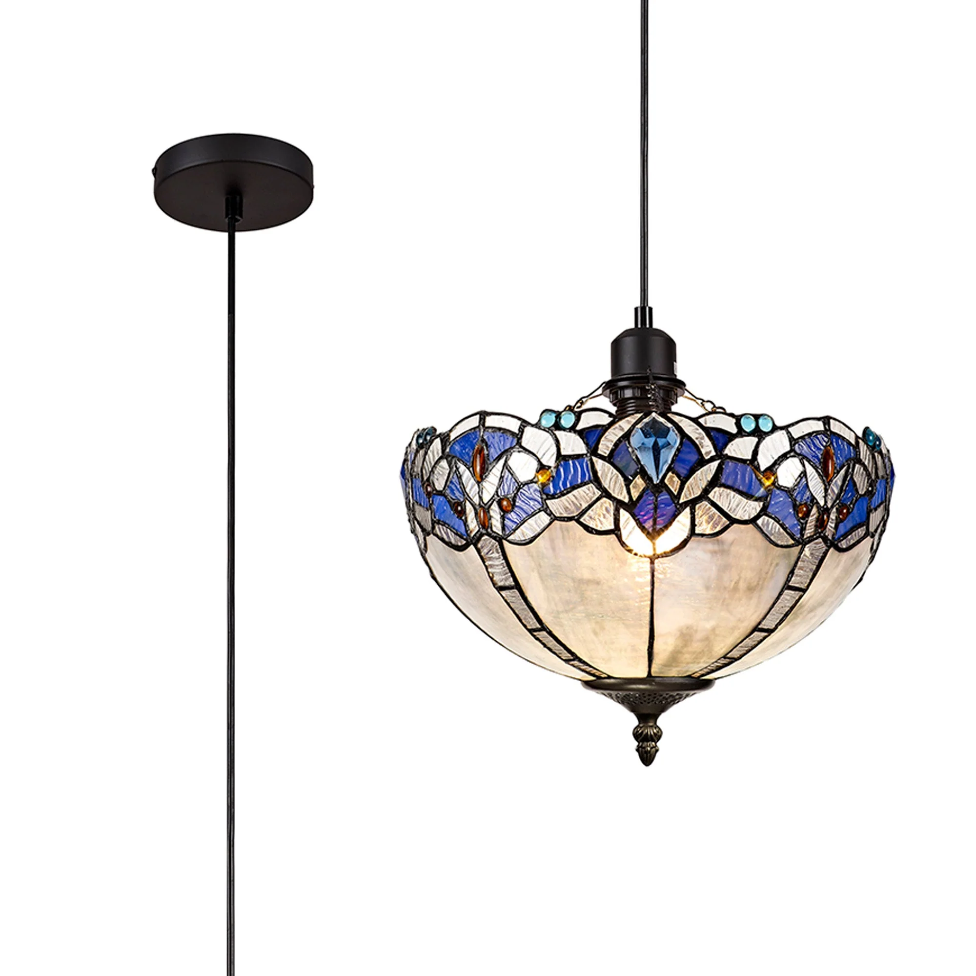 Oksana 1 Light Uplighter Pendant E27 With 30cm Tiffany Shade, Blue & Clear Crystal & Black - Image 4