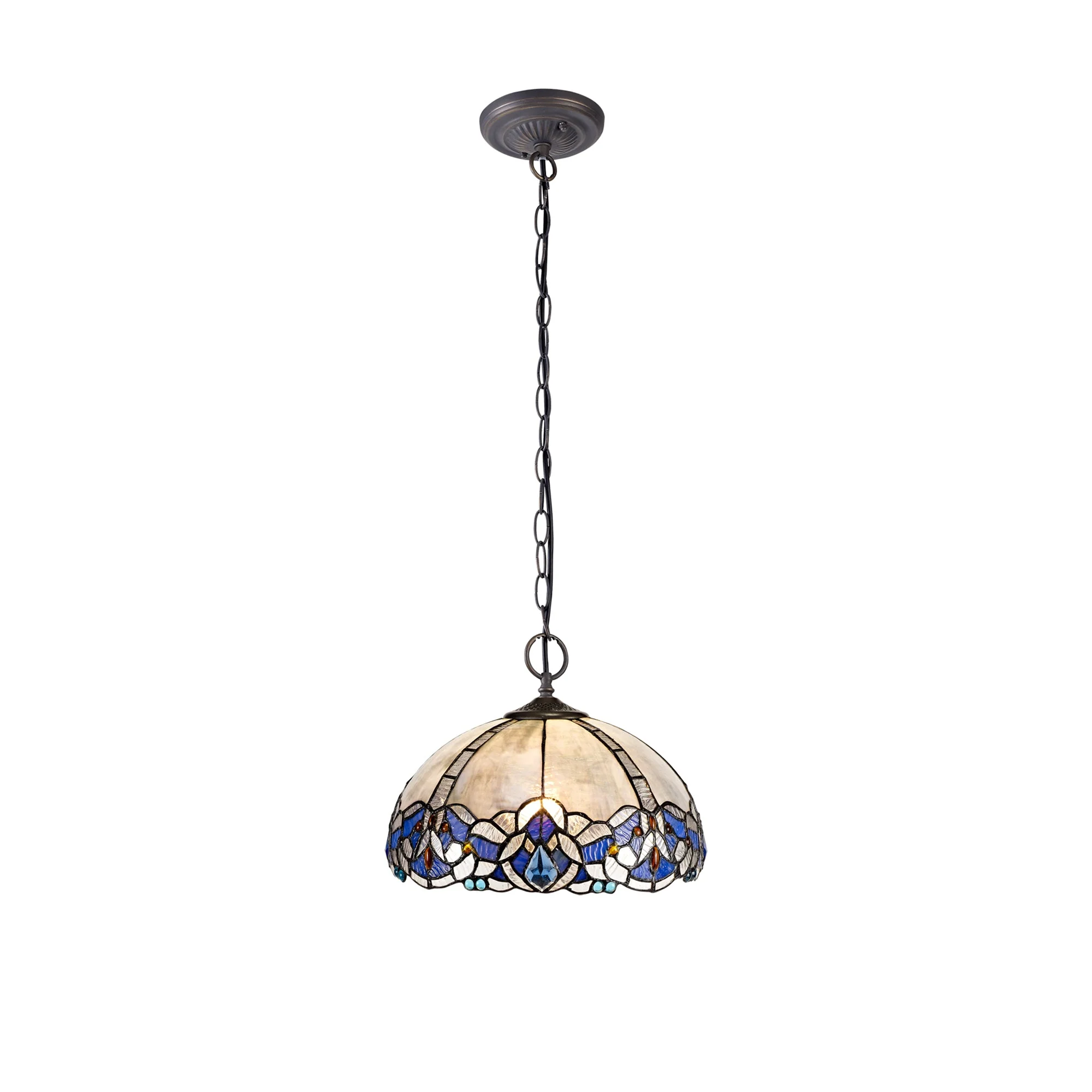 Oksana 2/3 Light Centre Ceiling Downlight E27 With Medium/Large Tiffany Shade, Blue & Clear Crystal & Aged Antique Brass