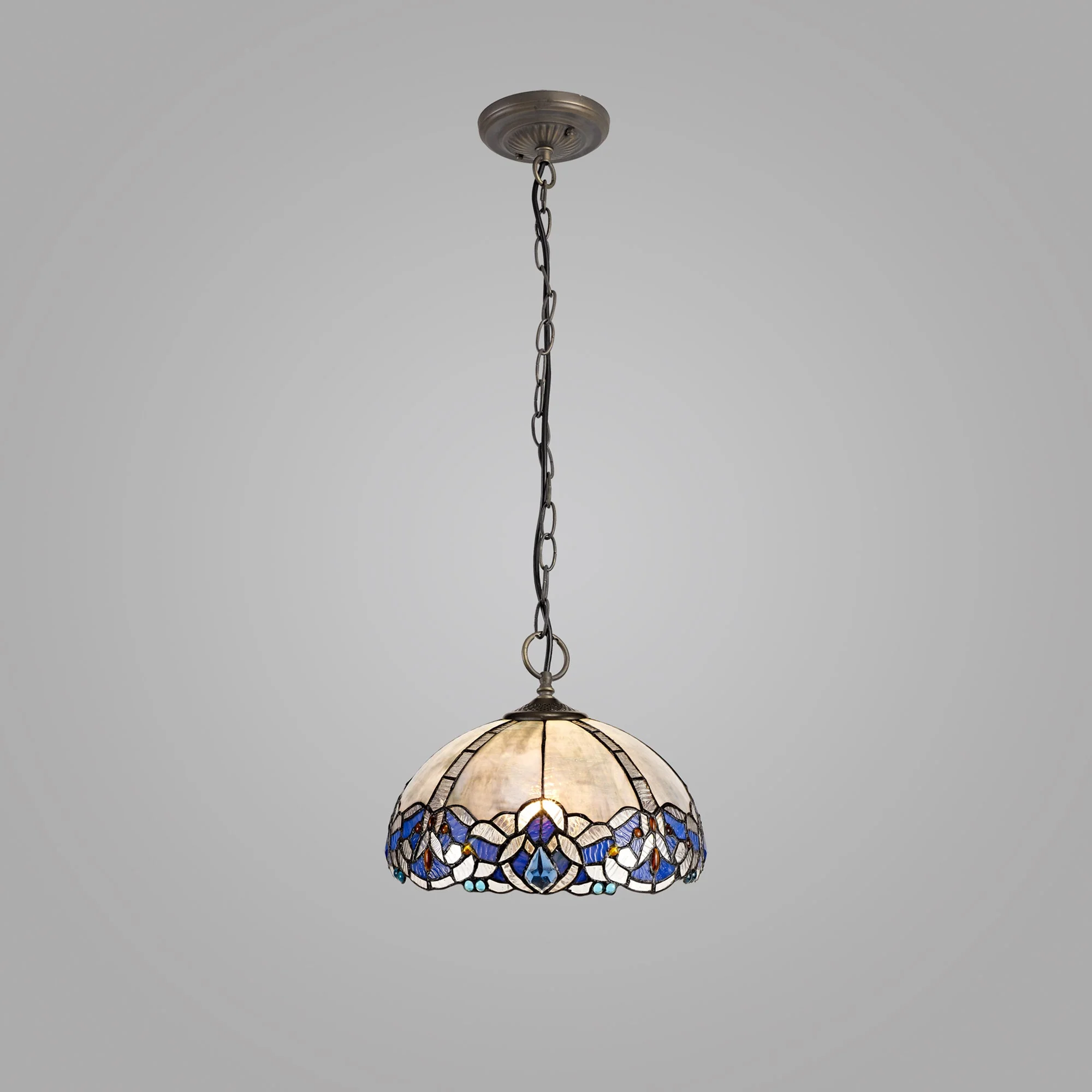 Oksana 2/3 Light Centre Ceiling Downlight E27 With Medium/Large Tiffany Shade, Blue & Clear Crystal & Aged Antique Brass - Image 13