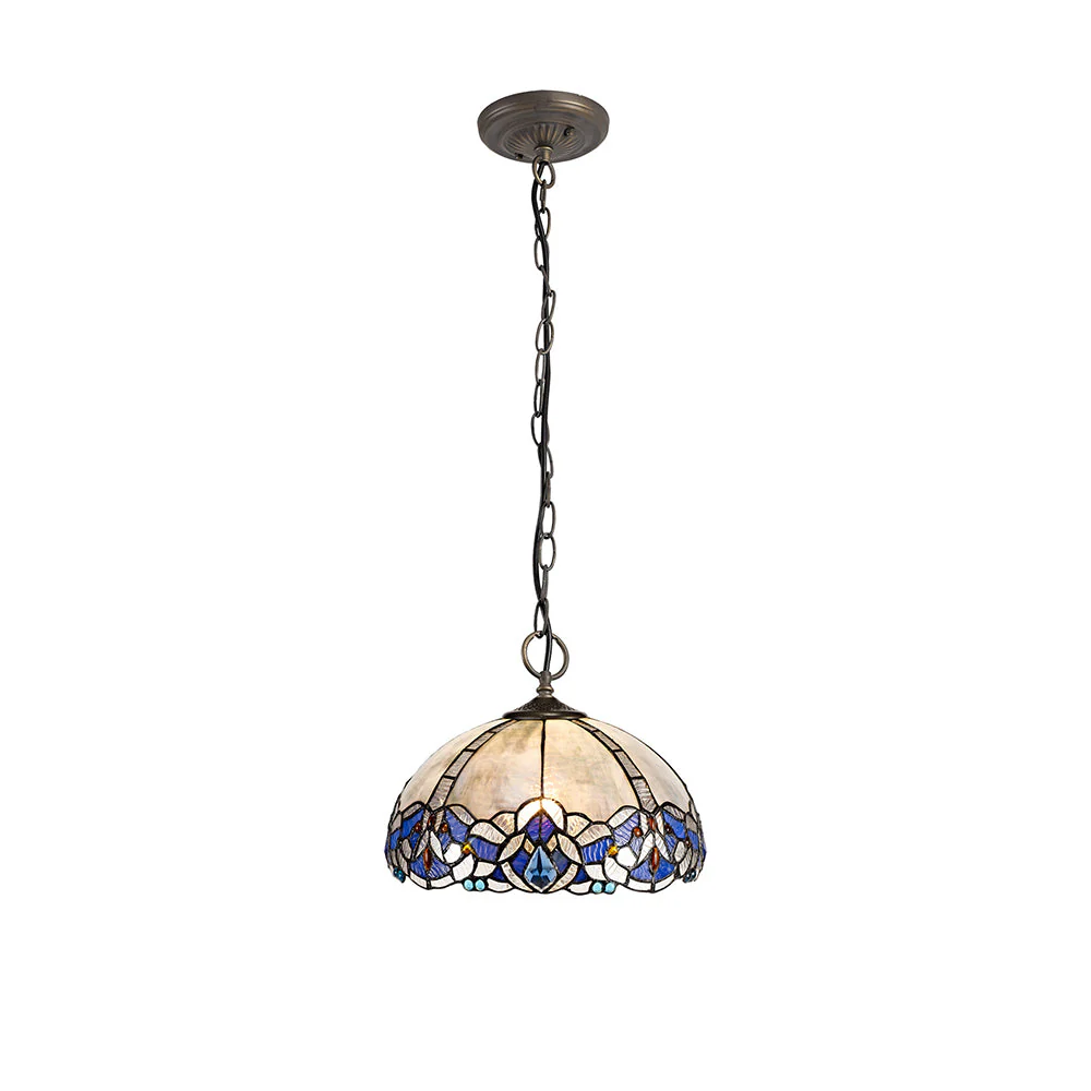 Oksana 2/3 Light Centre Ceiling Downlight E27 With Medium/Large Tiffany Shade, Blue & Clear Crystal & Aged Antique Brass - Image 14