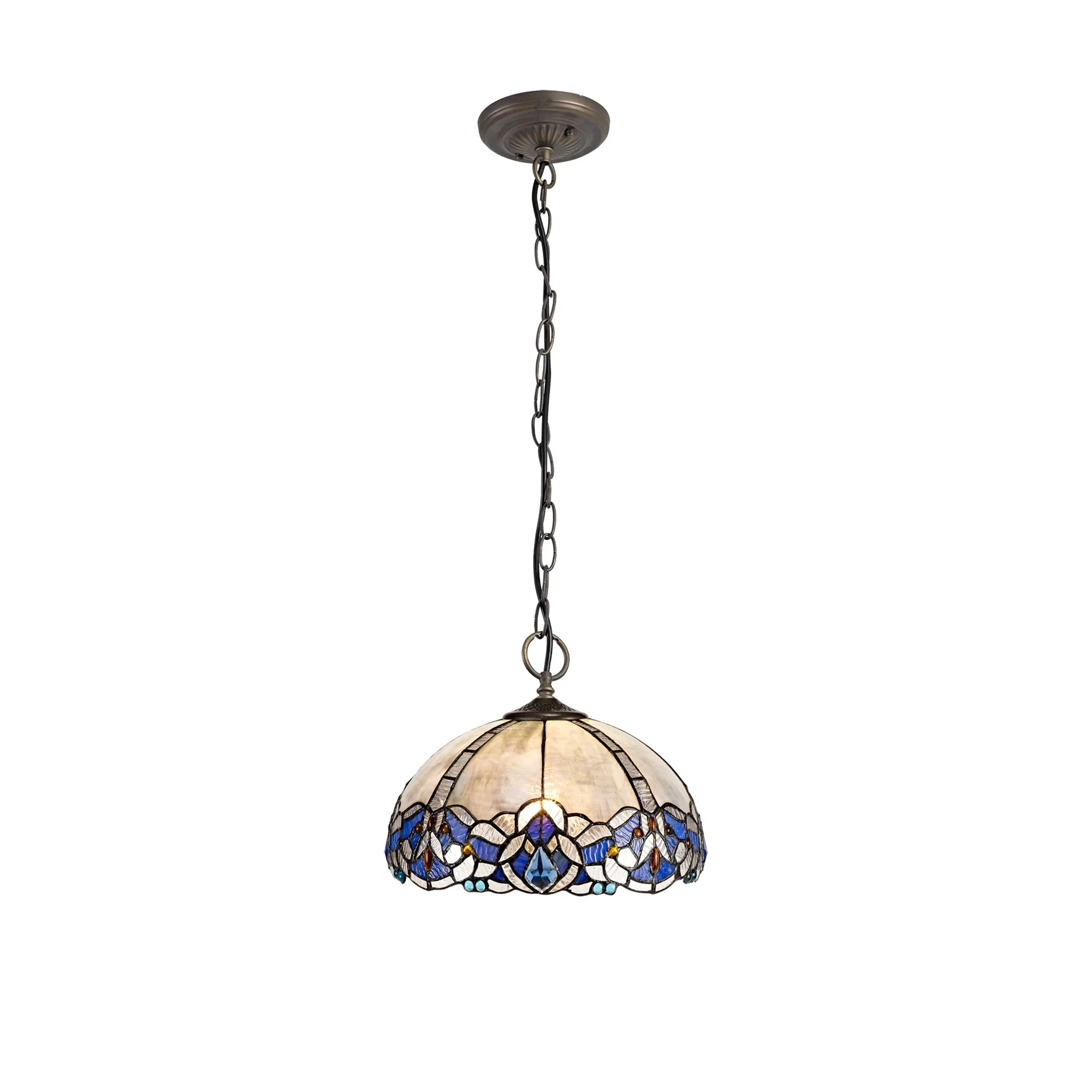 Oksana 2/3 Light Centre Ceiling Downlight E27 With Medium/Large Tiffany Shade, Blue & Clear Crystal & Aged Antique Brass - Image 15