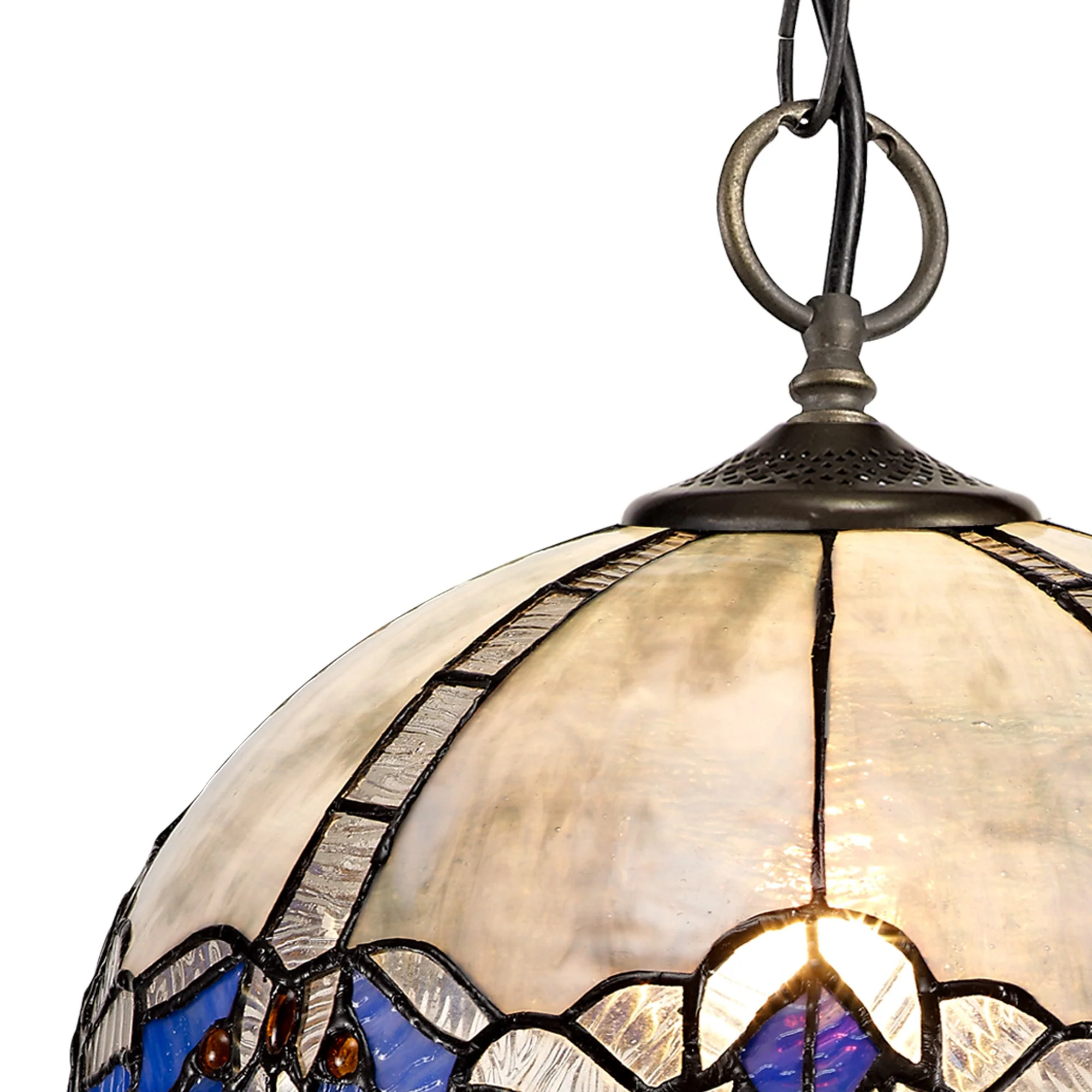 Oksana 2/3 Light Centre Ceiling Downlight E27 With Medium/Large Tiffany Shade, Blue & Clear Crystal & Aged Antique Brass - Image 16