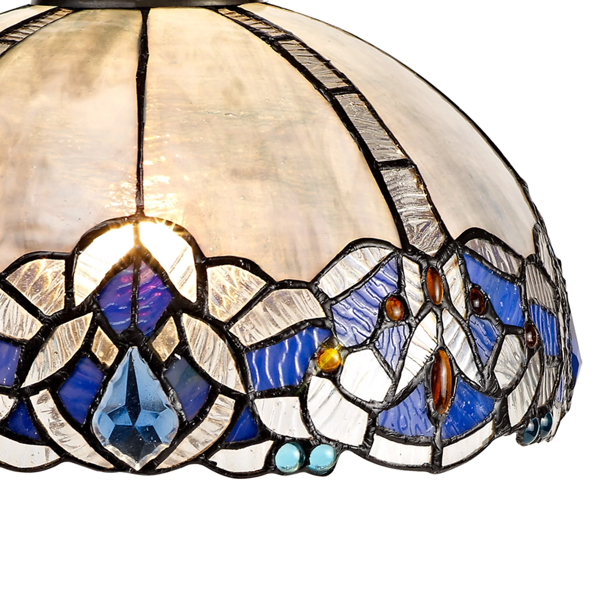 Oksana 2/3 Light Centre Ceiling Downlight E27 With Medium/Large Tiffany Shade, Blue & Clear Crystal & Aged Antique Brass - Image 17