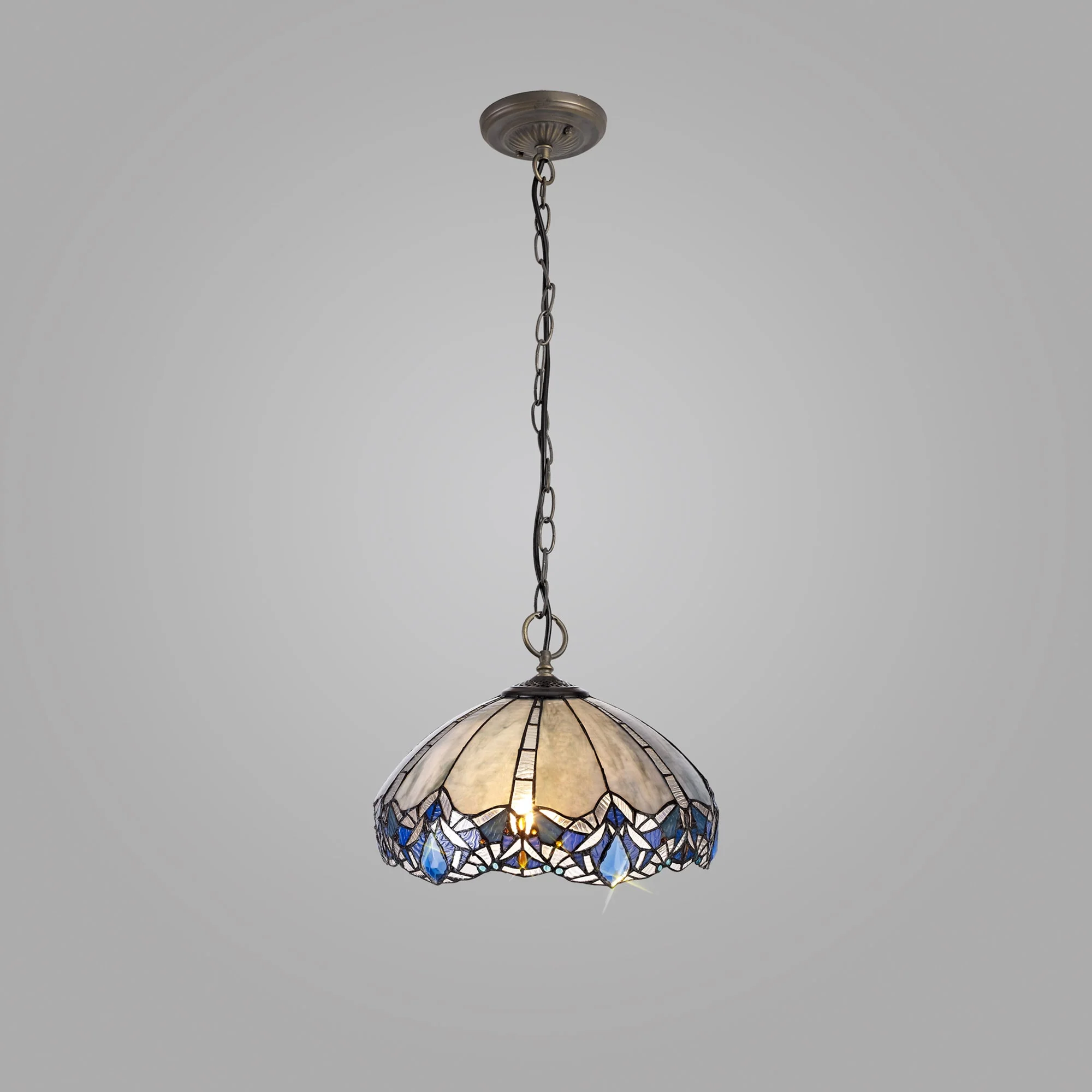Oksana 2/3 Light Centre Ceiling Downlight E27 With Medium/Large Tiffany Shade, Blue & Clear Crystal & Aged Antique Brass - Image 19