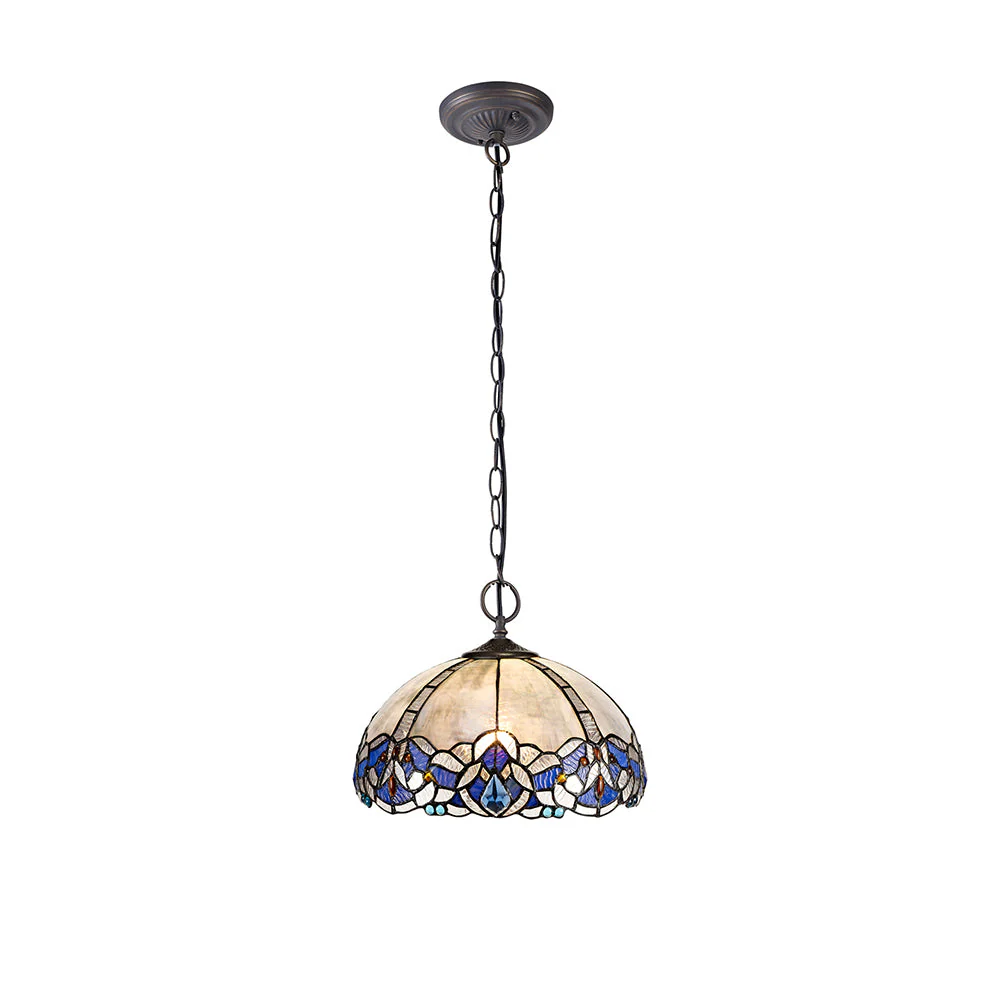 Oksana 2/3 Light Centre Ceiling Downlight E27 With Medium/Large Tiffany Shade, Blue & Clear Crystal & Aged Antique Brass - Image 2