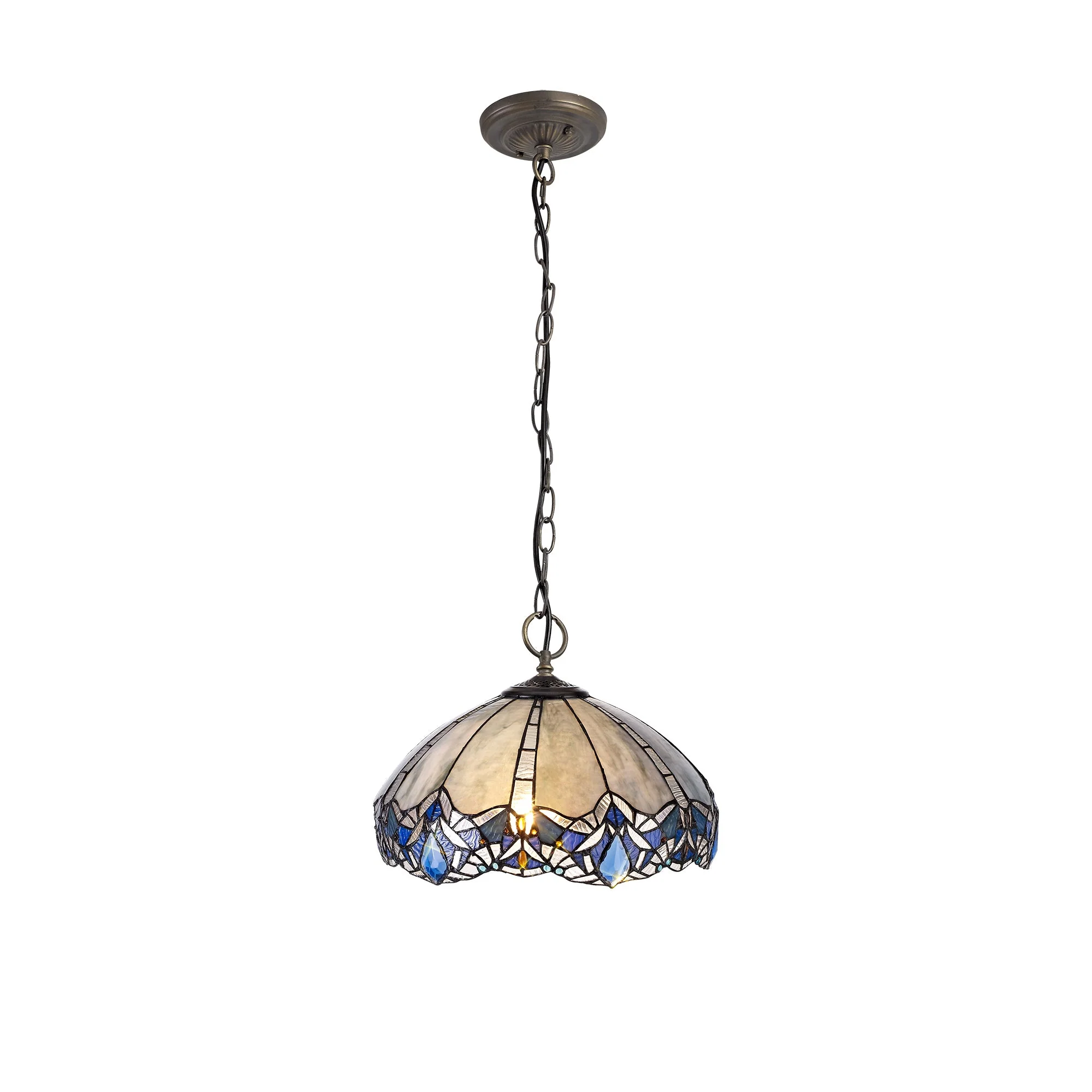 Oksana 2/3 Light Centre Ceiling Downlight E27 With Medium/Large Tiffany Shade, Blue & Clear Crystal & Aged Antique Brass - Image 20