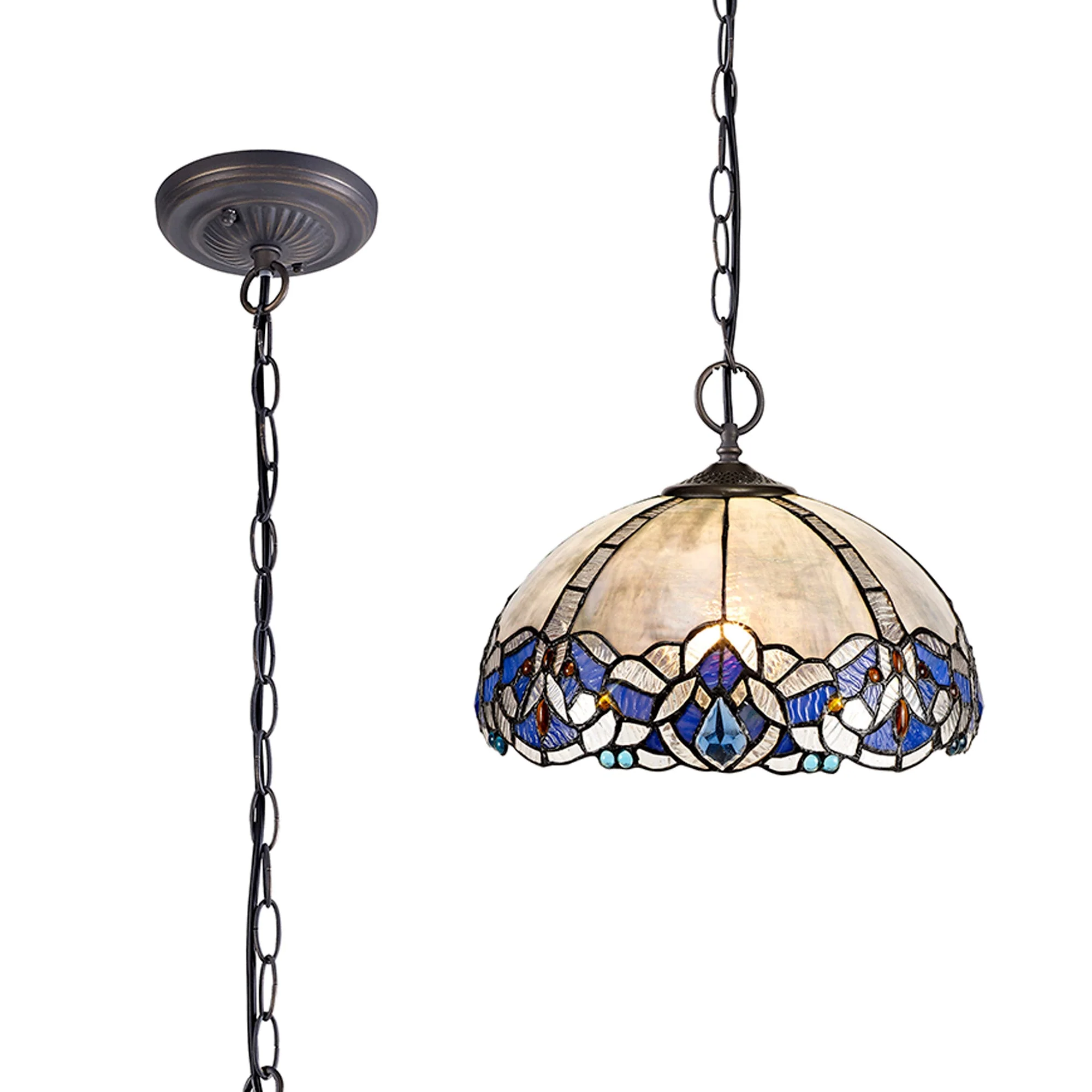 Oksana 2/3 Light Centre Ceiling Downlight E27 With Medium/Large Tiffany Shade, Blue & Clear Crystal & Aged Antique Brass - Image 24