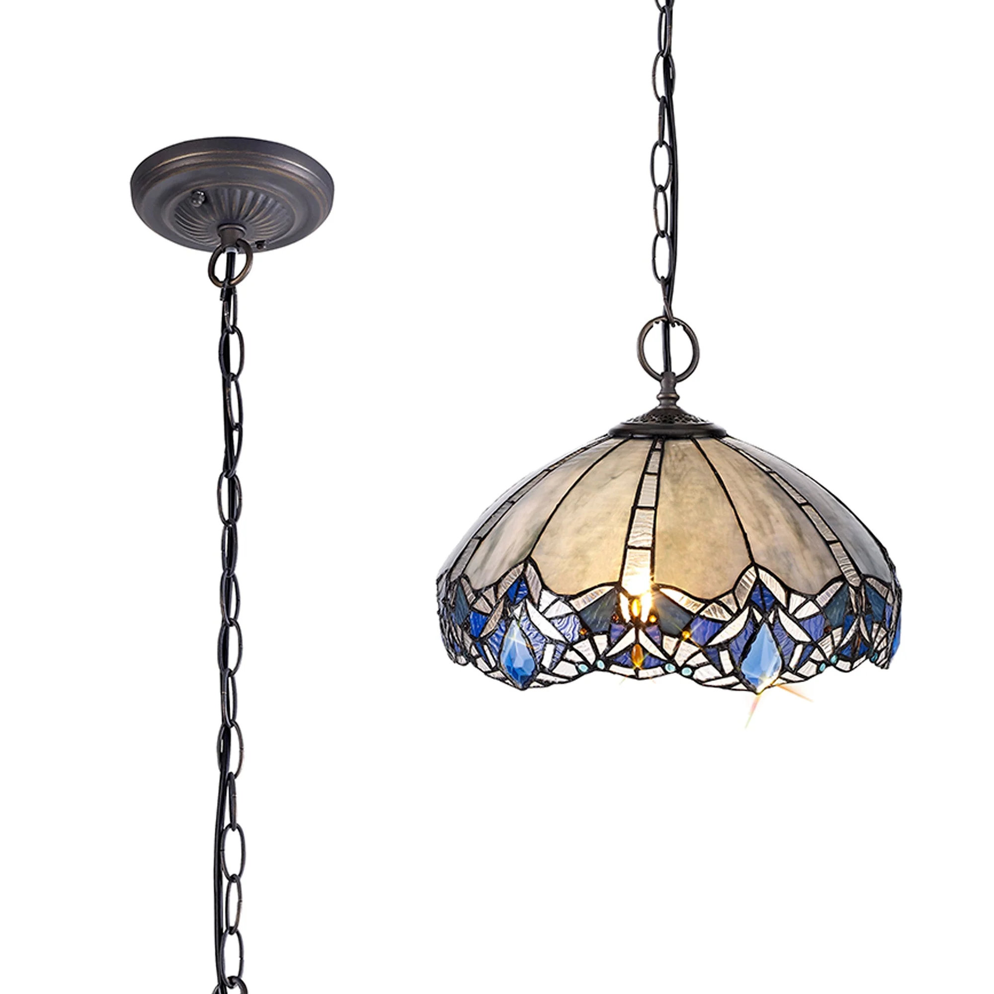 Oksana 2/3 Light Centre Ceiling Downlight E27 With Medium/Large Tiffany Shade, Blue & Clear Crystal & Aged Antique Brass - Image 25