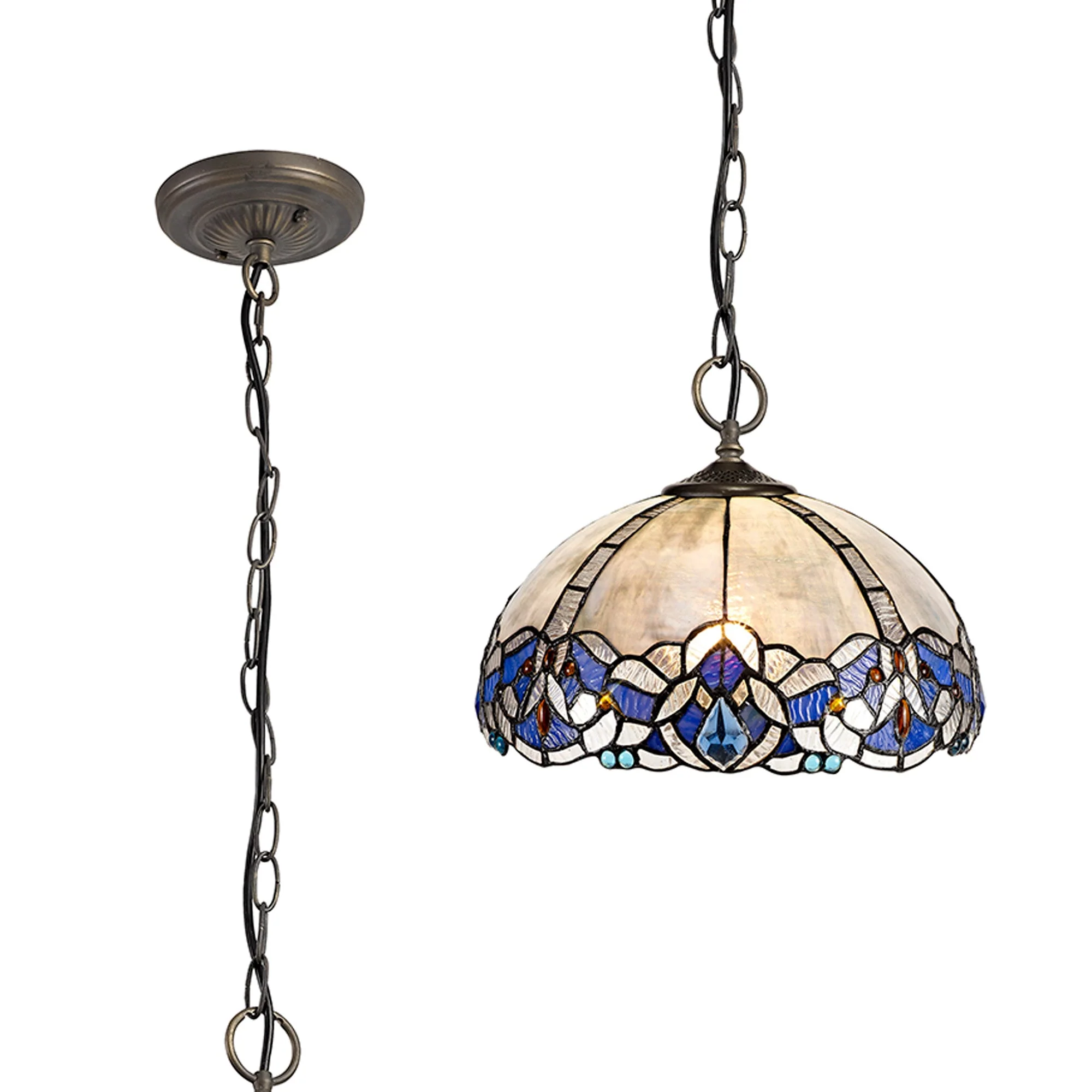 Oksana 2/3 Light Centre Ceiling Downlight E27 With Medium/Large Tiffany Shade, Blue & Clear Crystal & Aged Antique Brass - Image 26