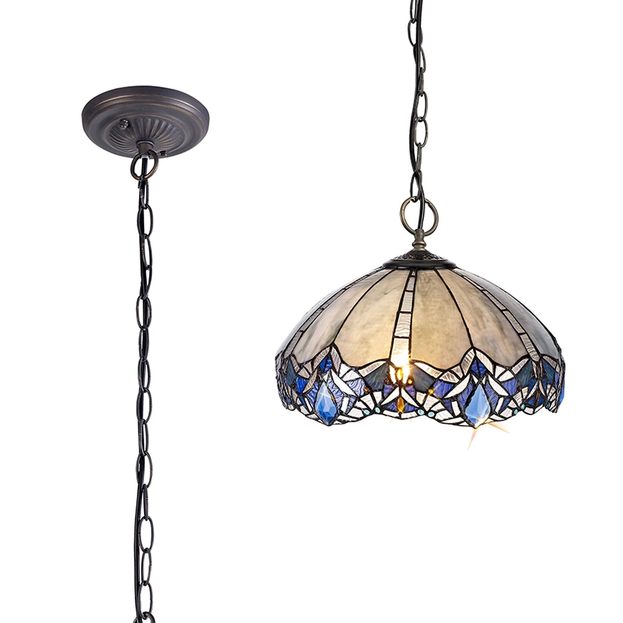 Oksana 2/3 Light Centre Ceiling Downlight E27 With Medium/Large Tiffany Shade, Blue & Clear Crystal & Aged Antique Brass - Image 27
