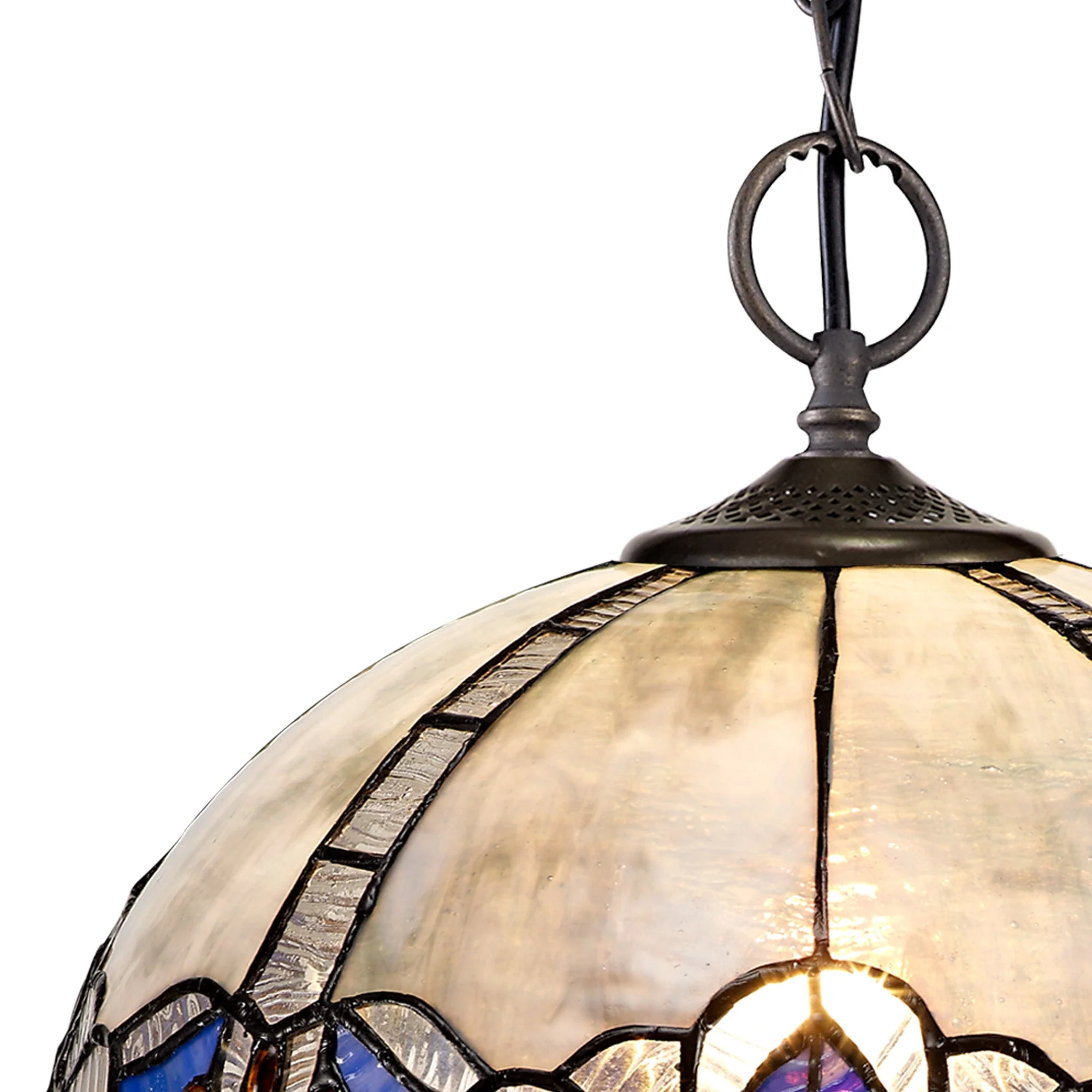 Oksana 2/3 Light Centre Ceiling Downlight E27 With Medium/Large Tiffany Shade, Blue & Clear Crystal & Aged Antique Brass - Image 3