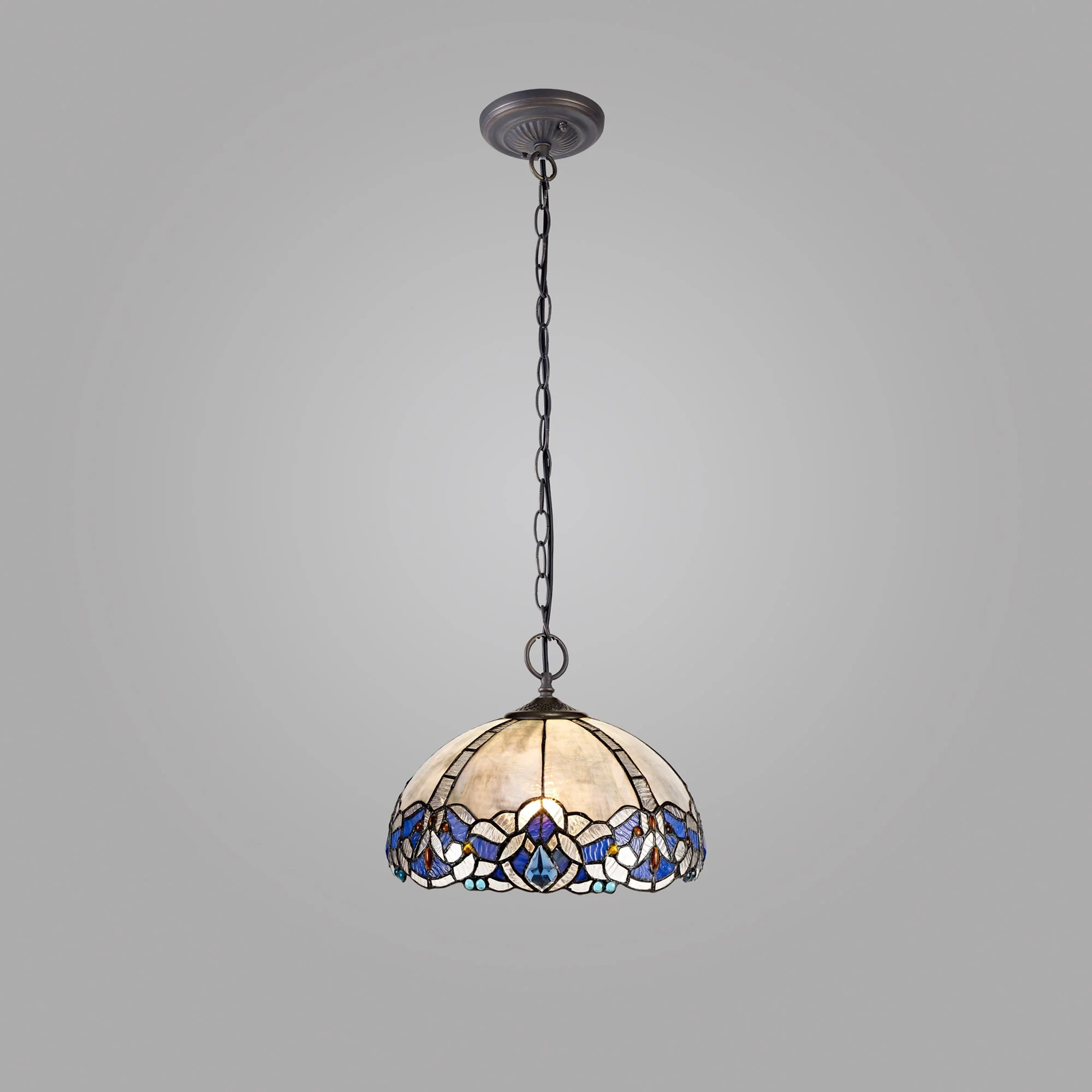 Oksana 2/3 Light Centre Ceiling Downlight E27 With Medium/Large Tiffany Shade, Blue & Clear Crystal & Aged Antique Brass - Image 6