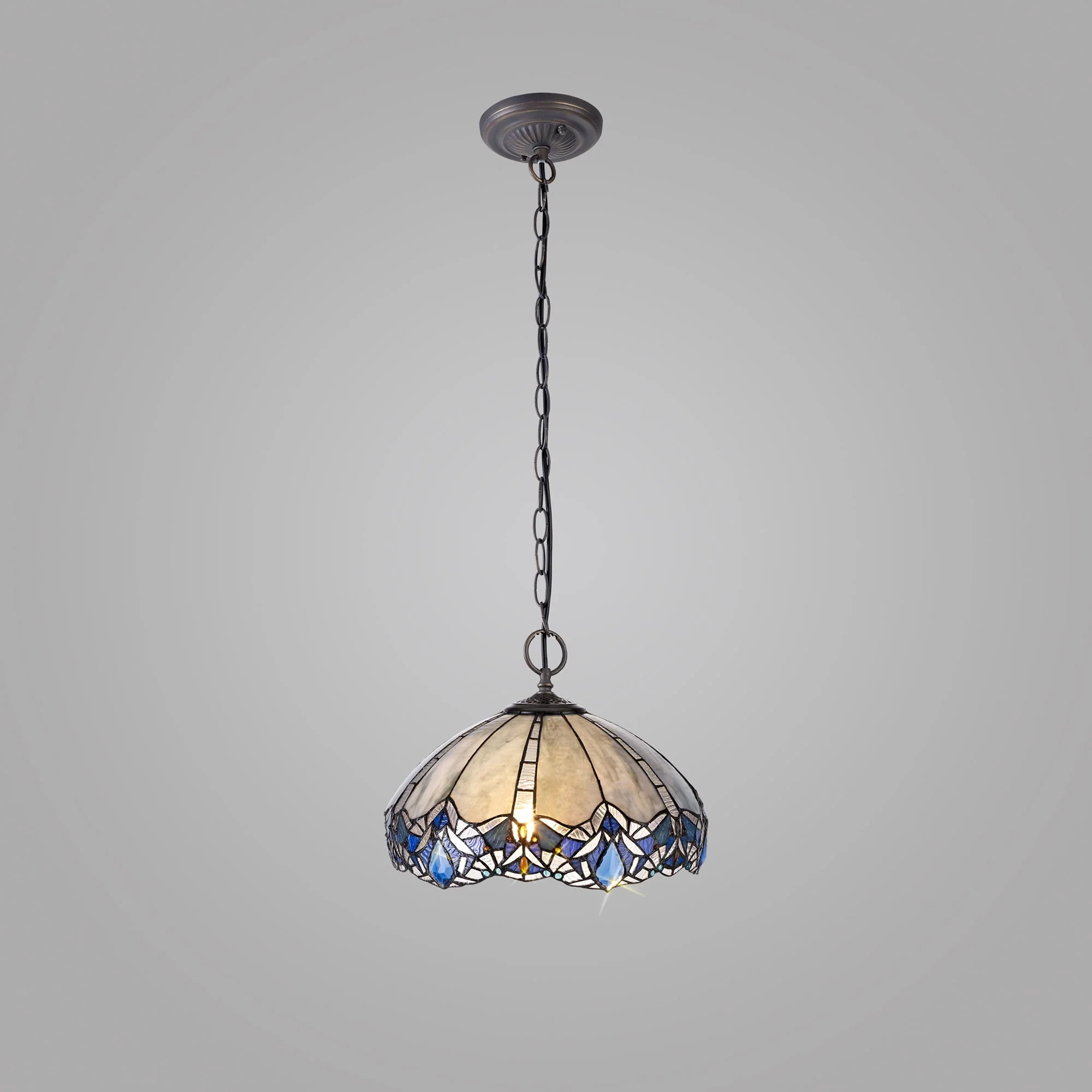 Oksana 2/3 Light Centre Ceiling Downlight E27 With Medium/Large Tiffany Shade, Blue & Clear Crystal & Aged Antique Brass - Image 7