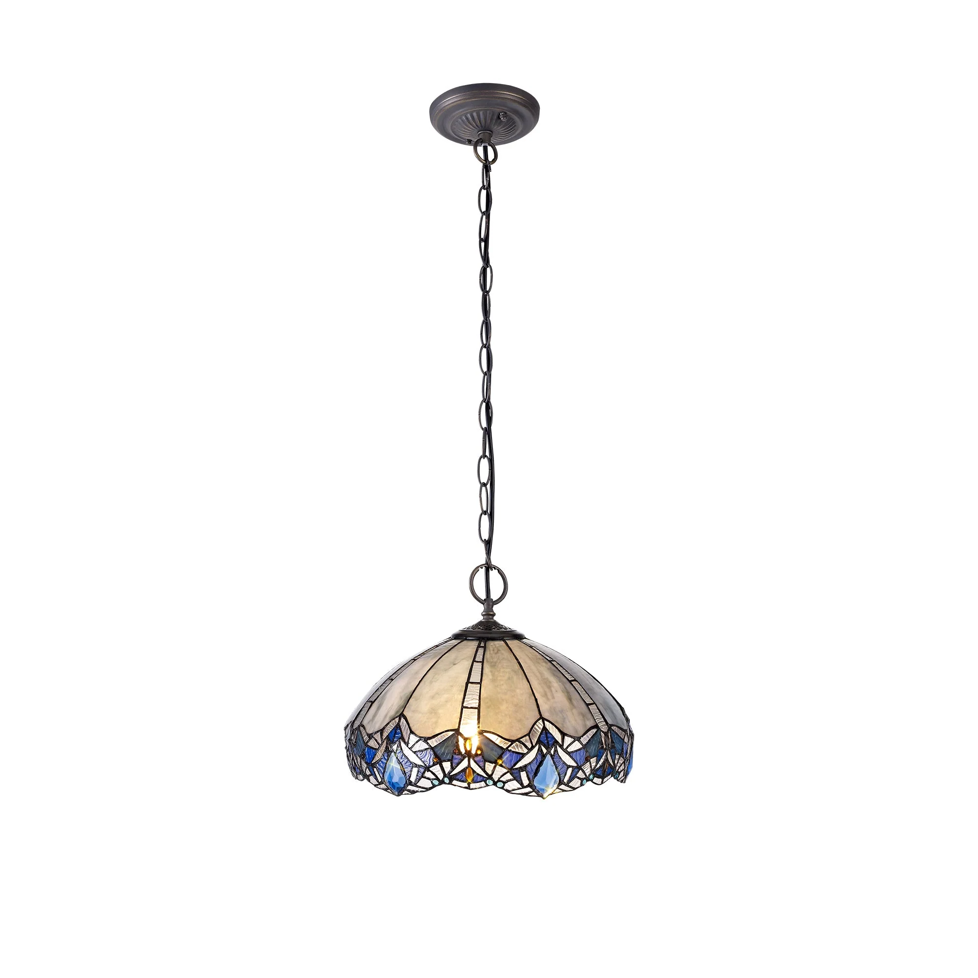 Oksana 2/3 Light Centre Ceiling Downlight E27 With Medium/Large Tiffany Shade, Blue & Clear Crystal & Aged Antique Brass - Image 8