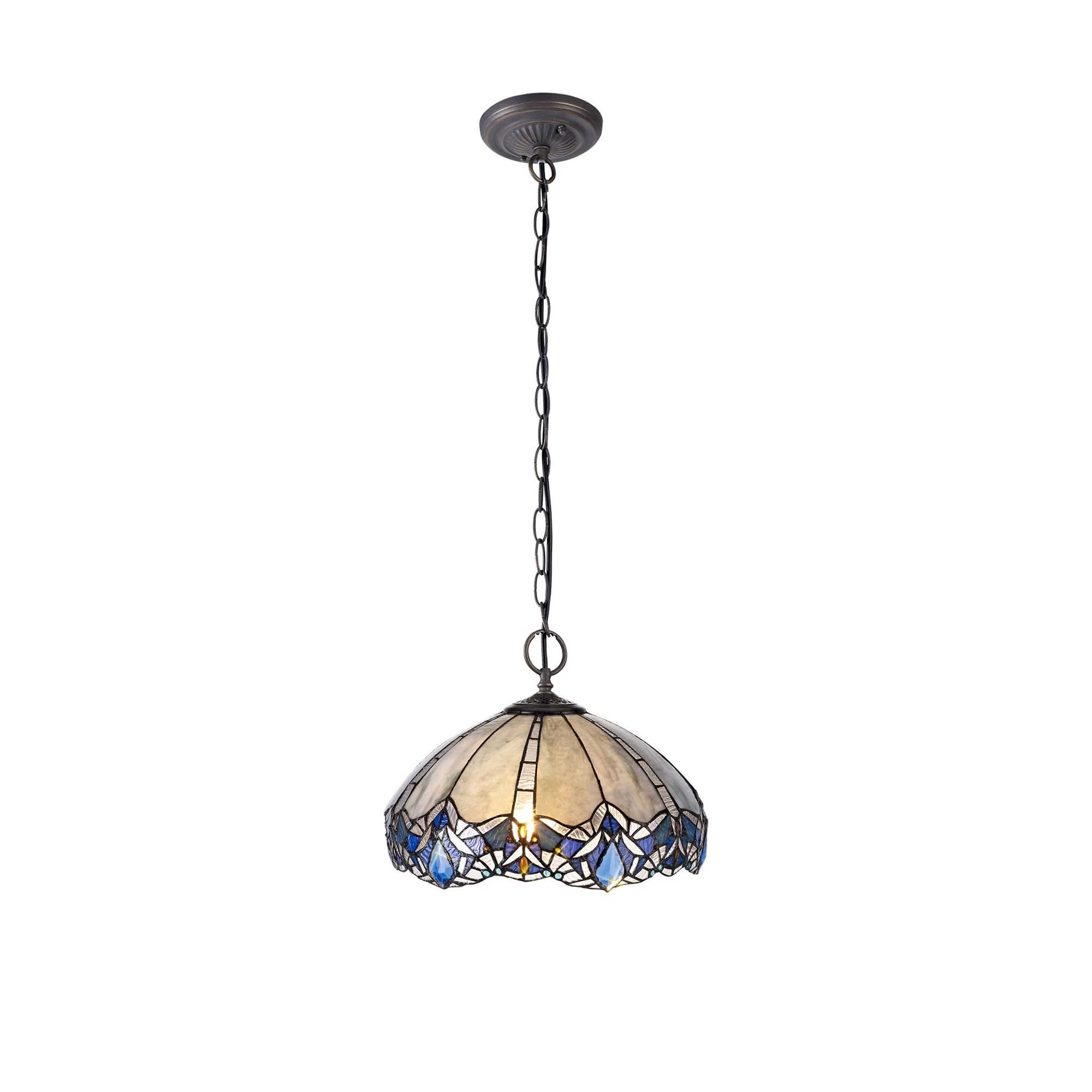 Oksana 2/3 Light Centre Ceiling Downlight E27 With Medium/Large Tiffany Shade, Blue & Clear Crystal & Aged Antique Brass - Image 9