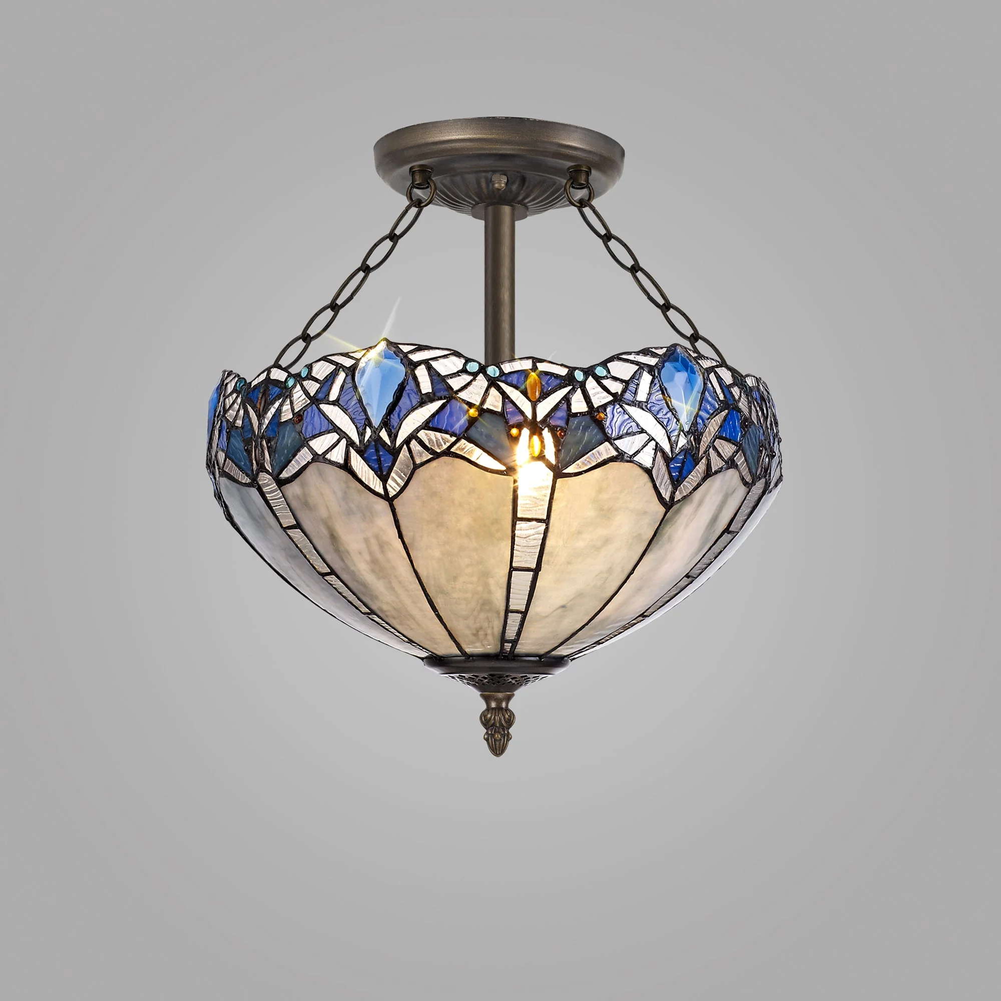 Oksana 2/3 Light Medium/Large Indoor Semi Flush Ceiling Light E27 With Tiffany Shade, Blue & Clear Crystal & Aged Antique Brass - Image 10