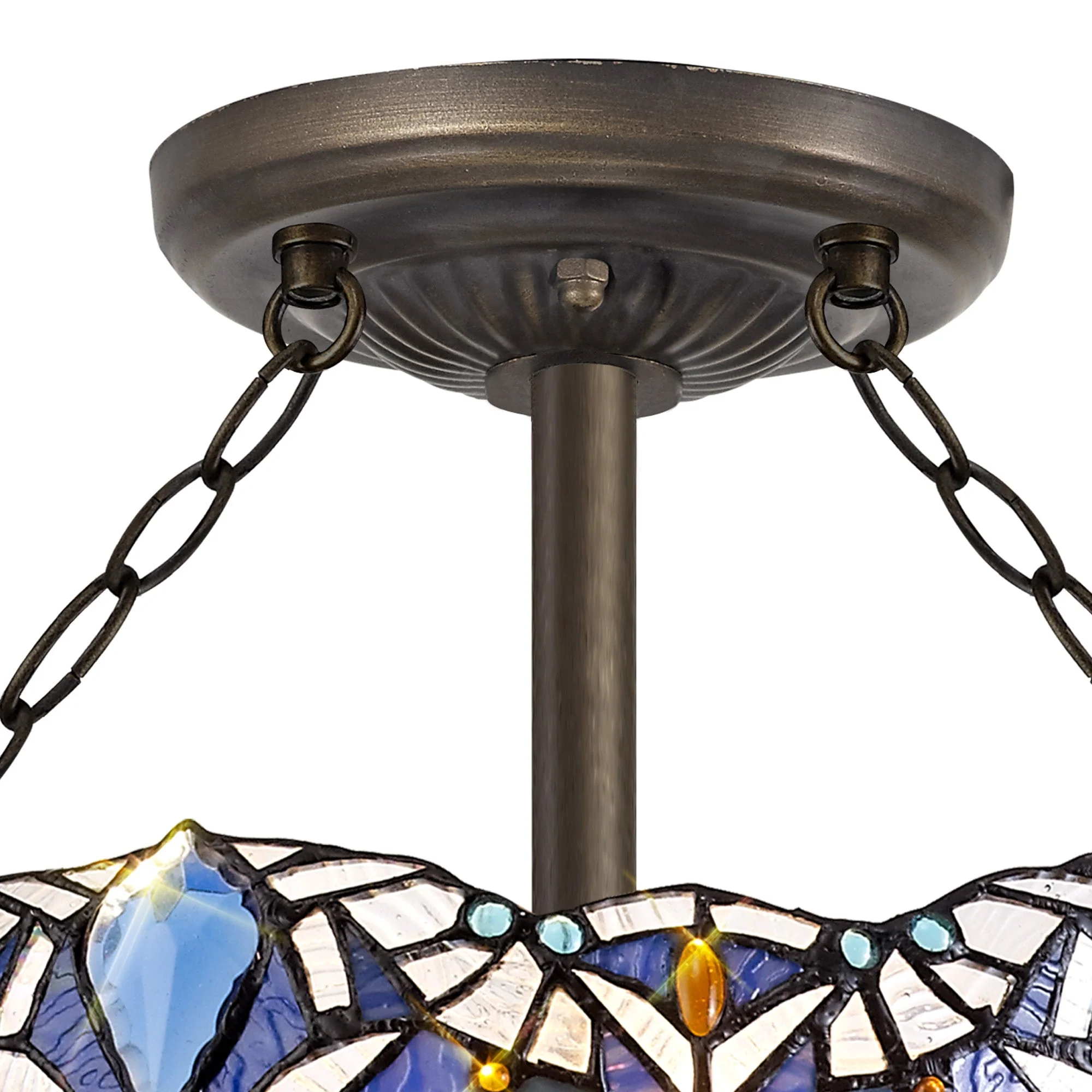 Oksana 2/3 Light Medium/Large Indoor Semi Flush Ceiling Light E27 With Tiffany Shade, Blue & Clear Crystal & Aged Antique Brass - Image 11