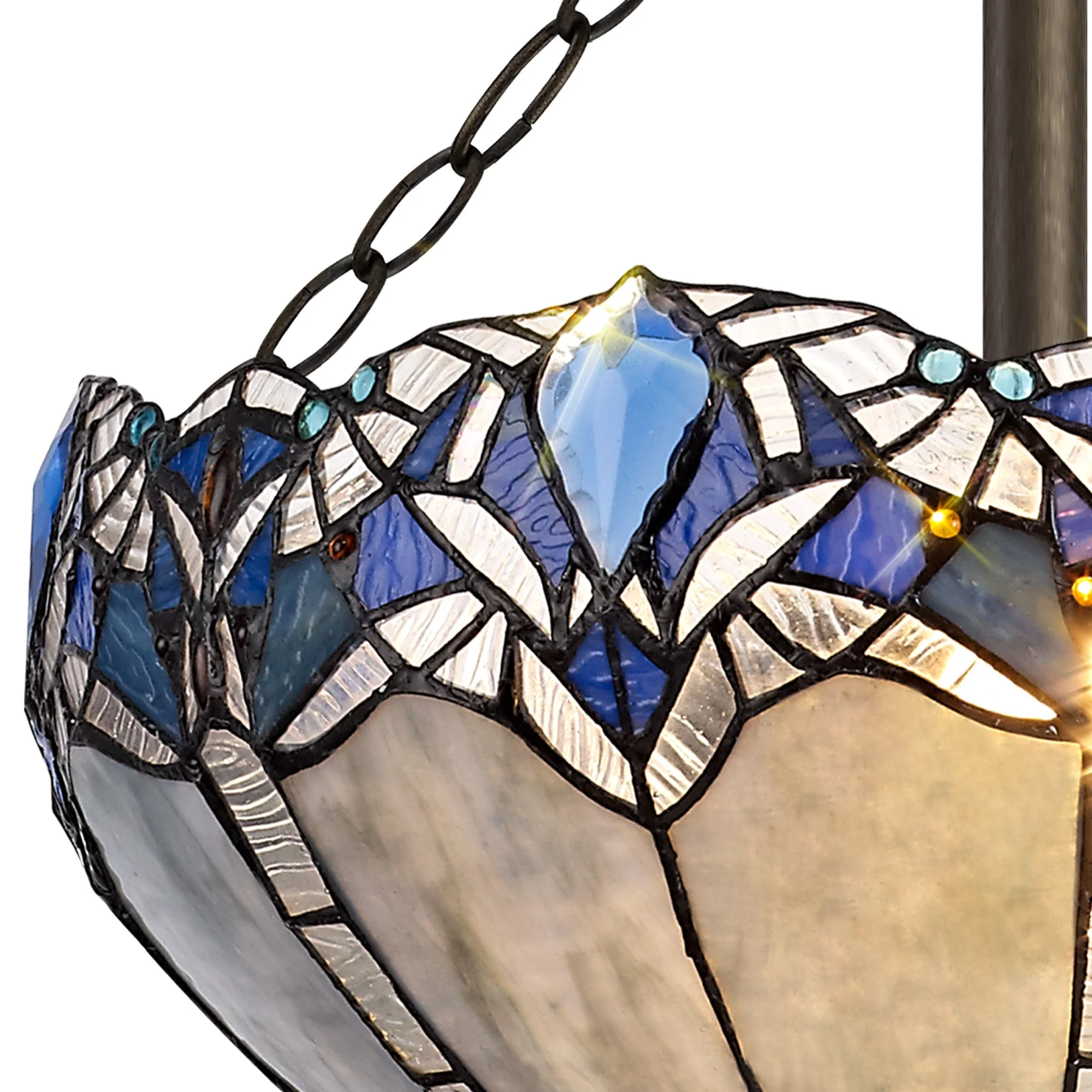 Oksana 2/3 Light Medium/Large Indoor Semi Flush Ceiling Light E27 With Tiffany Shade, Blue & Clear Crystal & Aged Antique Brass - Image 12