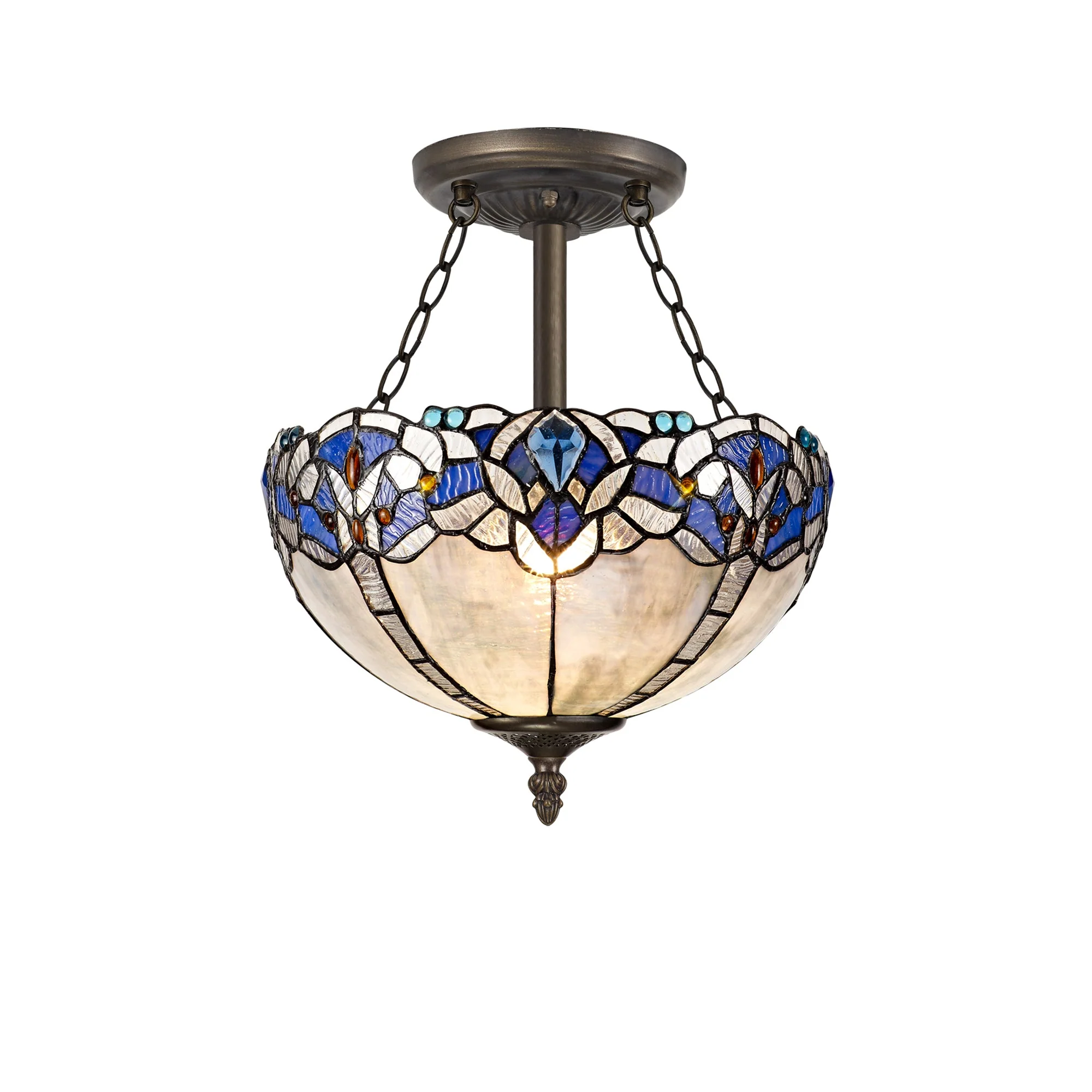 Oksana 2/3 Light Medium/Large Indoor Semi Flush Ceiling Light E27 With Tiffany Shade, Blue & Clear Crystal & Aged Antique Brass - Image 14