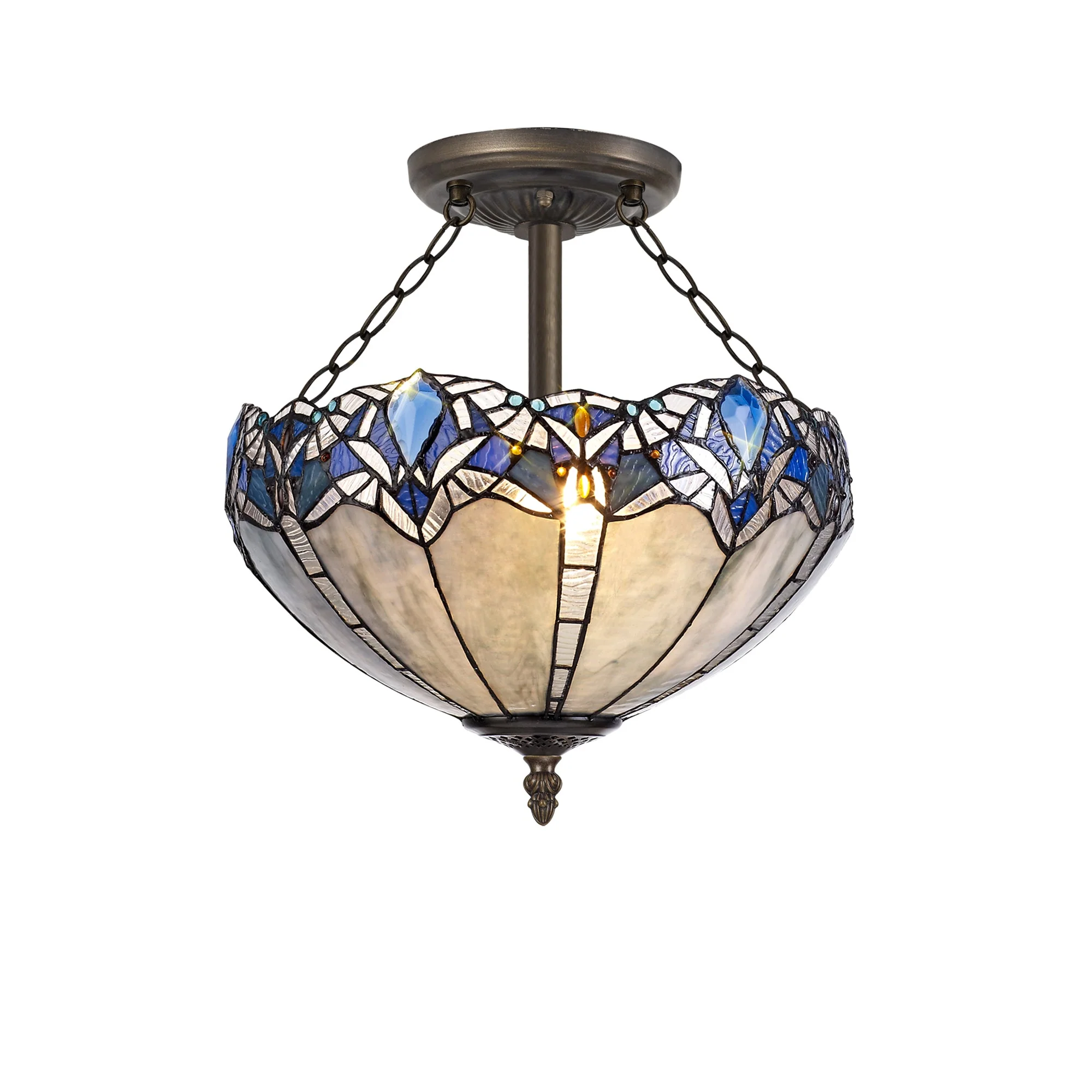 Oksana 2/3 Light Medium/Large Indoor Semi Flush Ceiling Light E27 With Tiffany Shade, Blue & Clear Crystal & Aged Antique Brass - Image 15