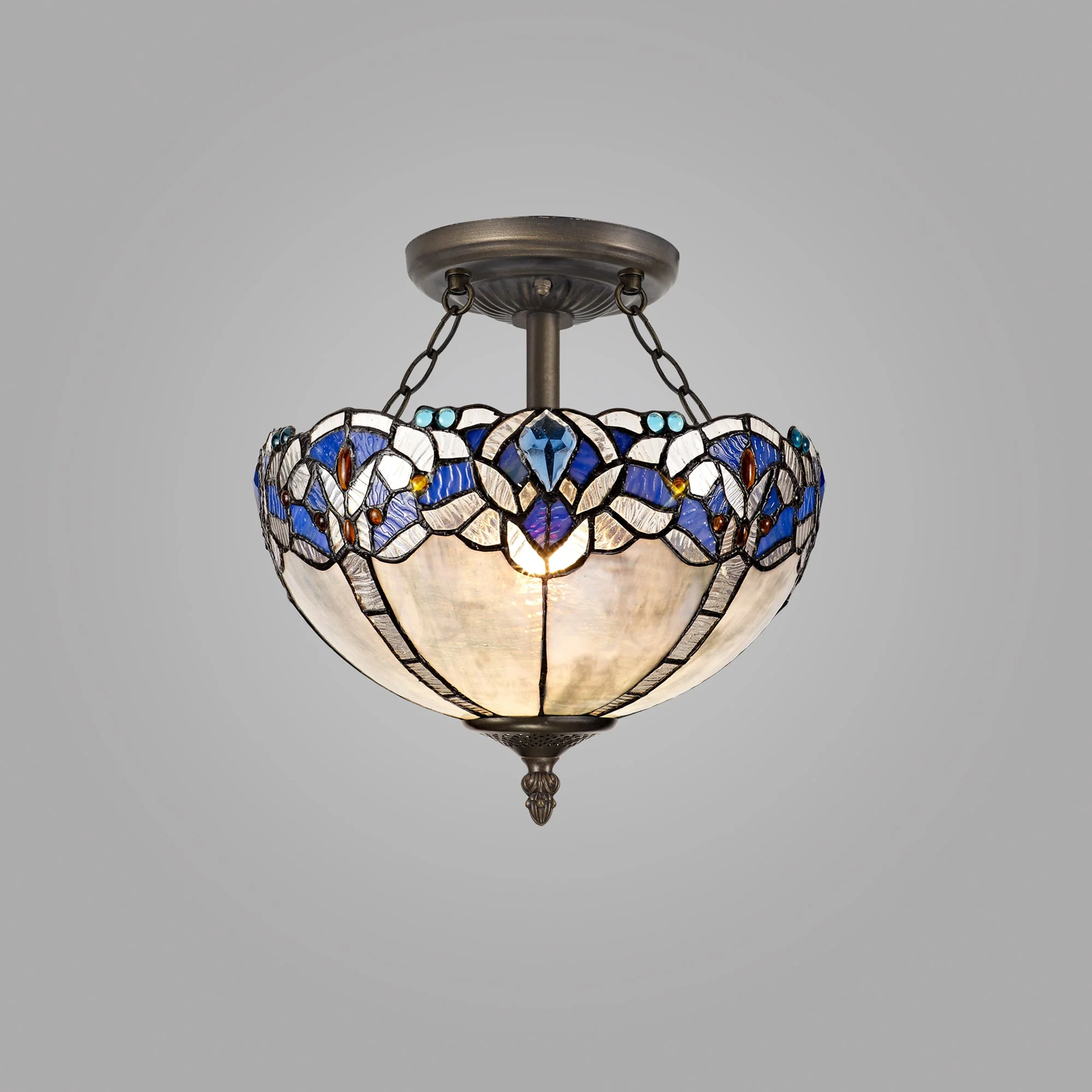 Oksana 2/3 Light Medium/Large Indoor Semi Flush Ceiling Light E27 With Tiffany Shade, Blue & Clear Crystal & Aged Antique Brass - Image 2