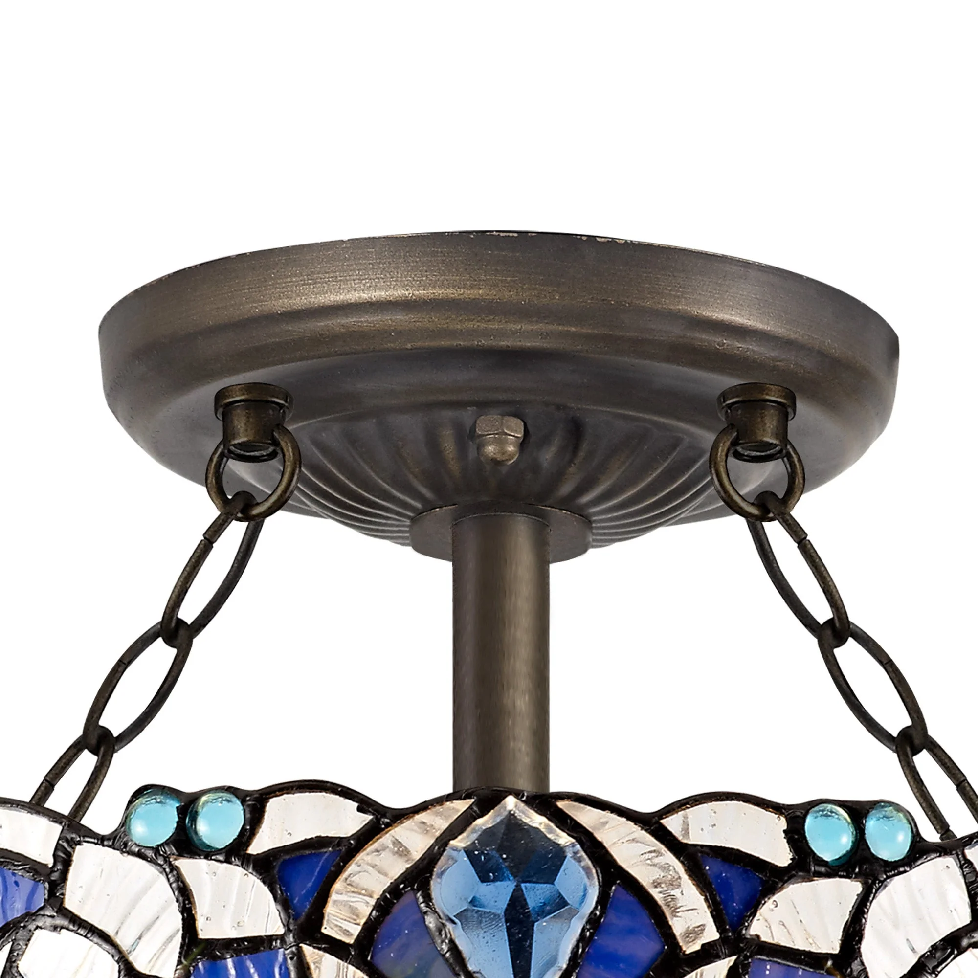 Oksana 2/3 Light Medium/Large Indoor Semi Flush Ceiling Light E27 With Tiffany Shade, Blue & Clear Crystal & Aged Antique Brass - Image 3