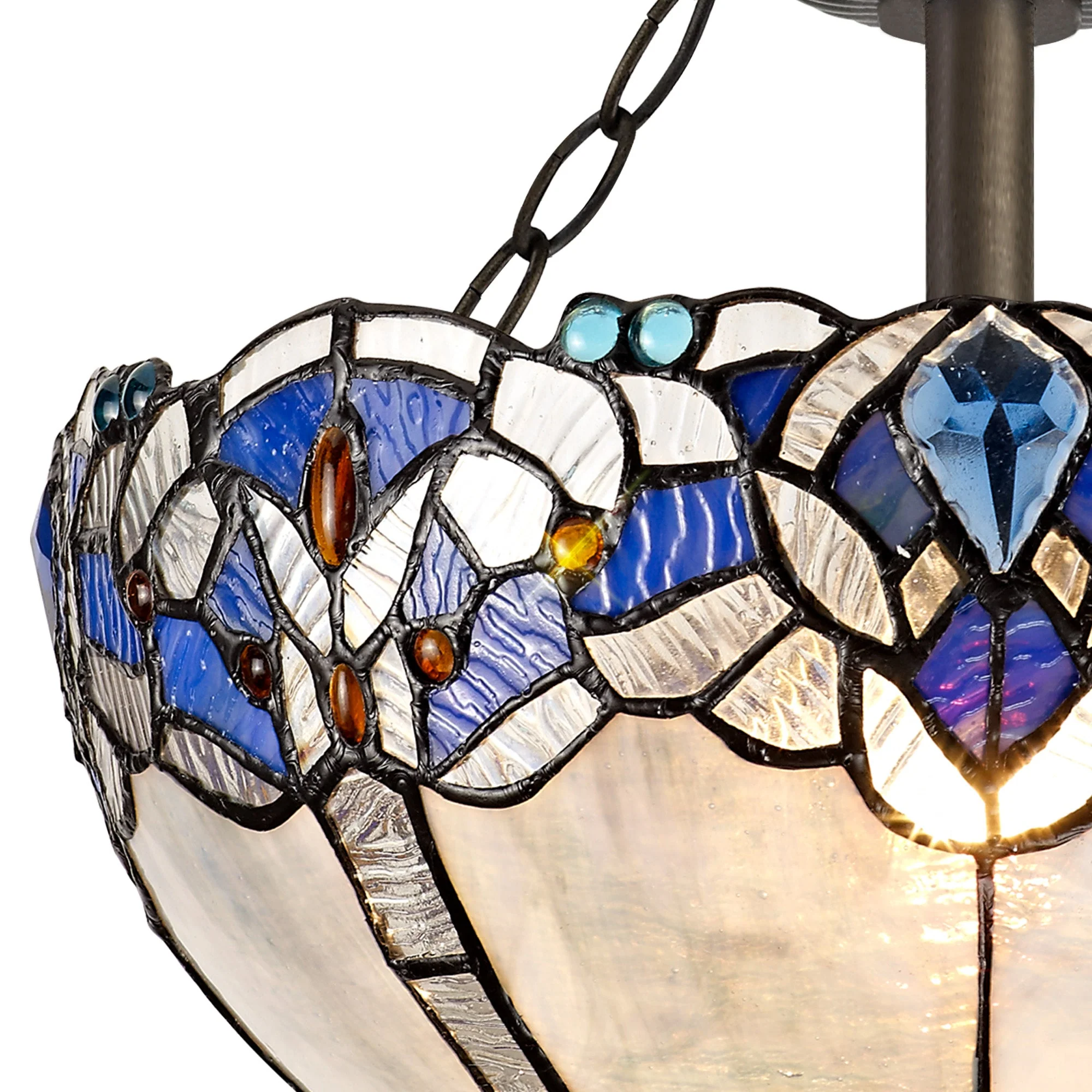 Oksana 2/3 Light Medium/Large Indoor Semi Flush Ceiling Light E27 With Tiffany Shade, Blue & Clear Crystal & Aged Antique Brass - Image 4
