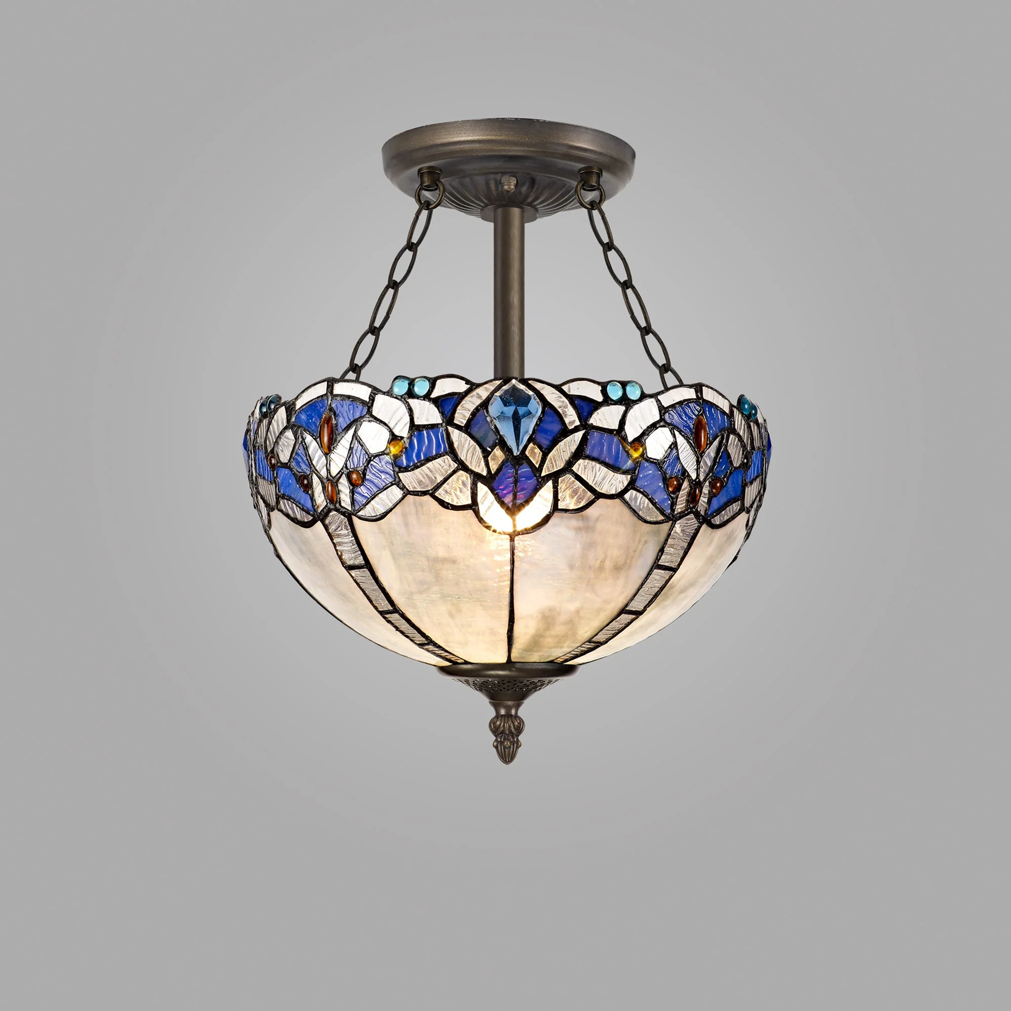 Oksana 2/3 Light Medium/Large Indoor Semi Flush Ceiling Light E27 With Tiffany Shade, Blue & Clear Crystal & Aged Antique Brass - Image 6