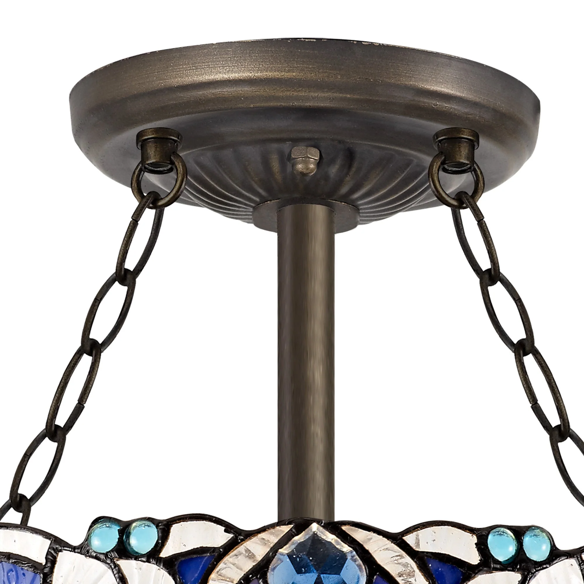 Oksana 2/3 Light Medium/Large Indoor Semi Flush Ceiling Light E27 With Tiffany Shade, Blue & Clear Crystal & Aged Antique Brass - Image 7