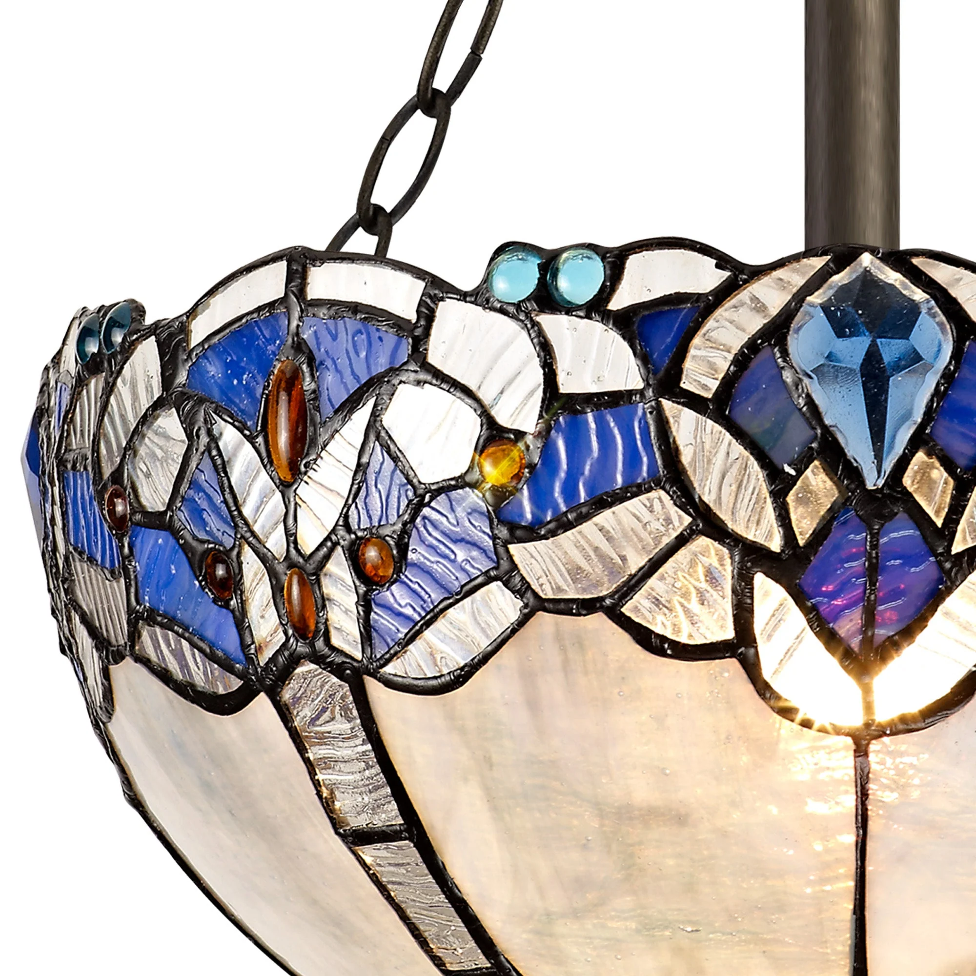 Oksana 2/3 Light Medium/Large Indoor Semi Flush Ceiling Light E27 With Tiffany Shade, Blue & Clear Crystal & Aged Antique Brass - Image 8