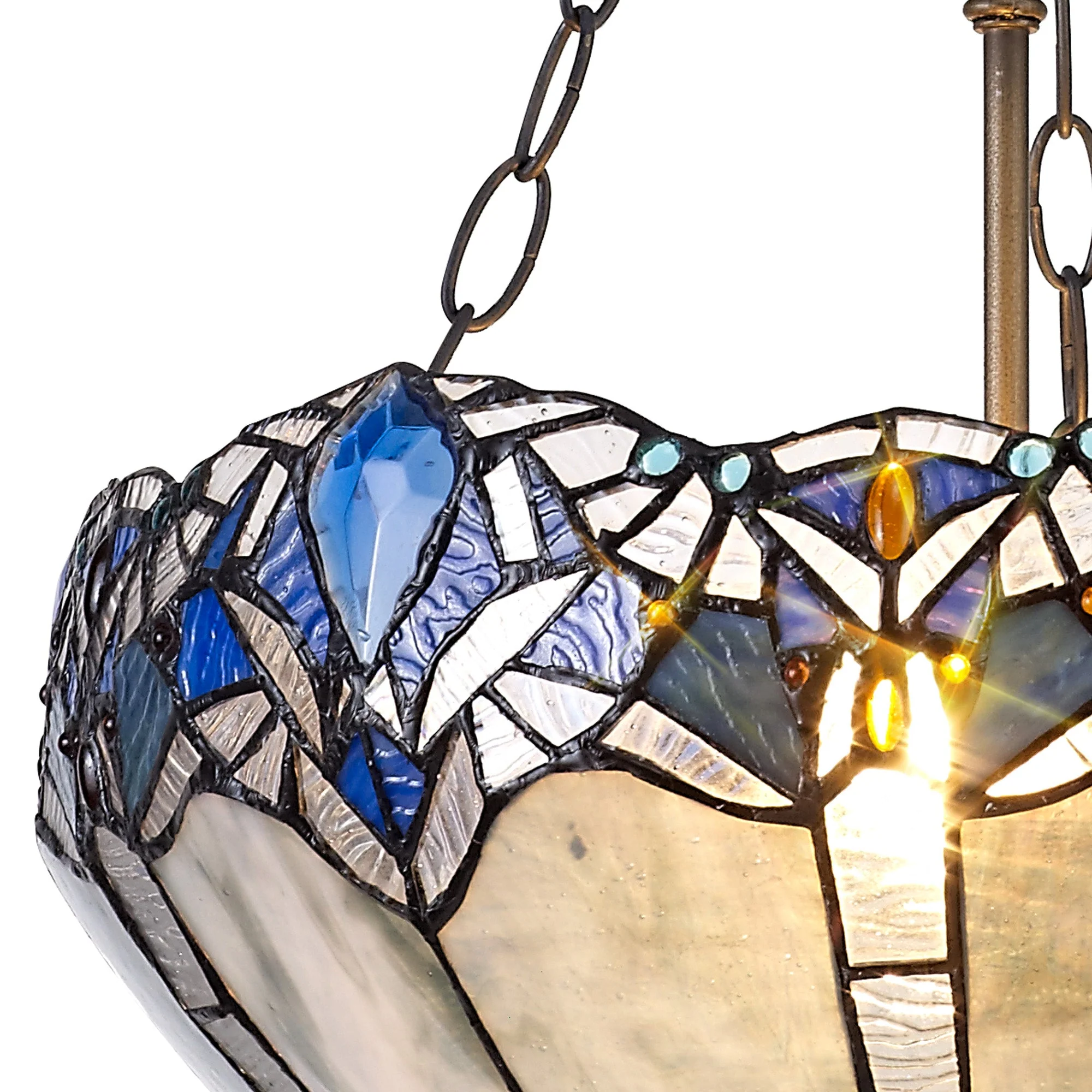 Oksana 2/3 Light Medium/Large Uplighter Centre Ceiling Light E27 With 30cm Tiffany Shade, Blue & Clear Crystal & Aged Antique Brass - Image 11