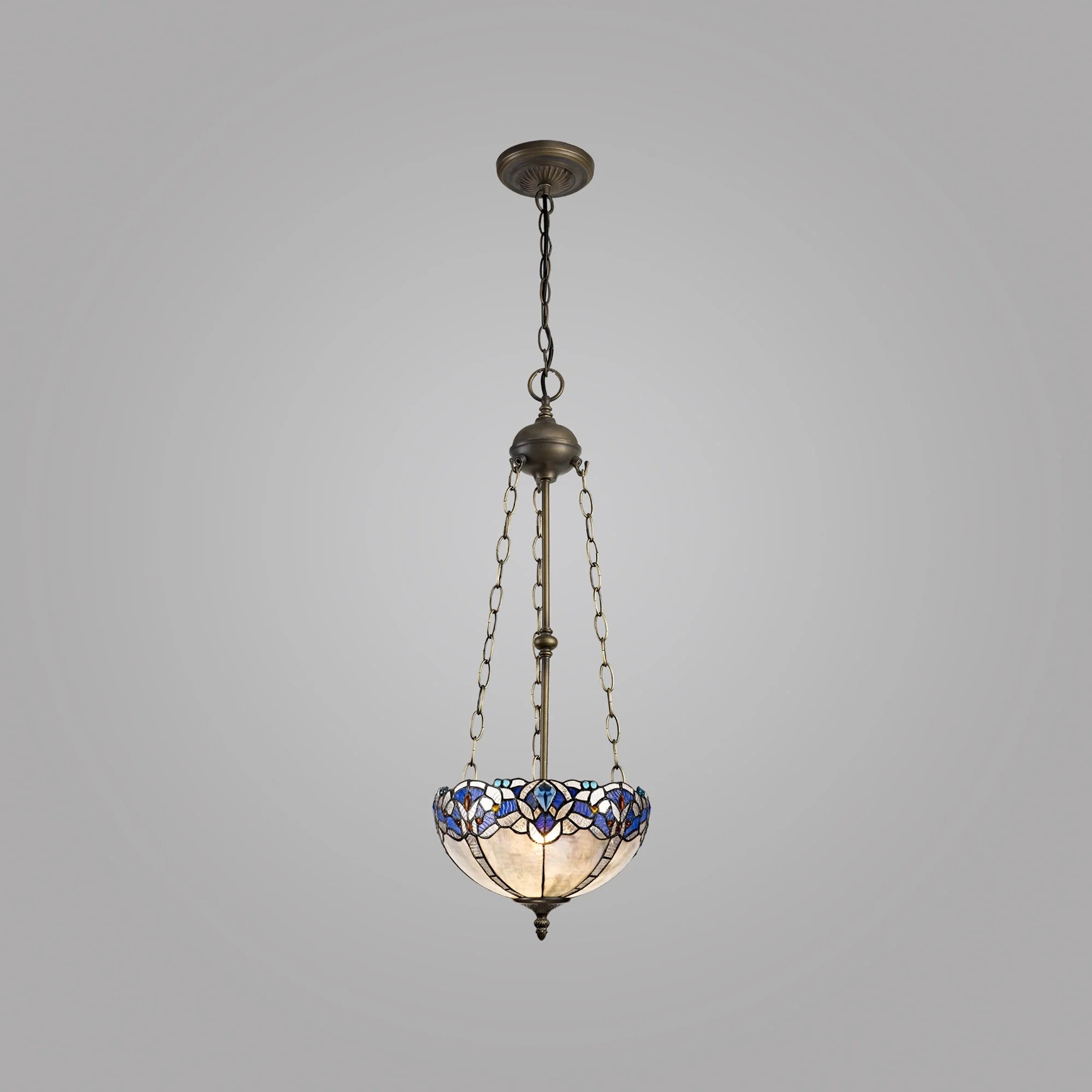 Oksana 2/3 Light Medium/Large Uplighter Centre Ceiling Light E27 With 30cm Tiffany Shade, Blue & Clear Crystal & Aged Antique Brass - Image 13