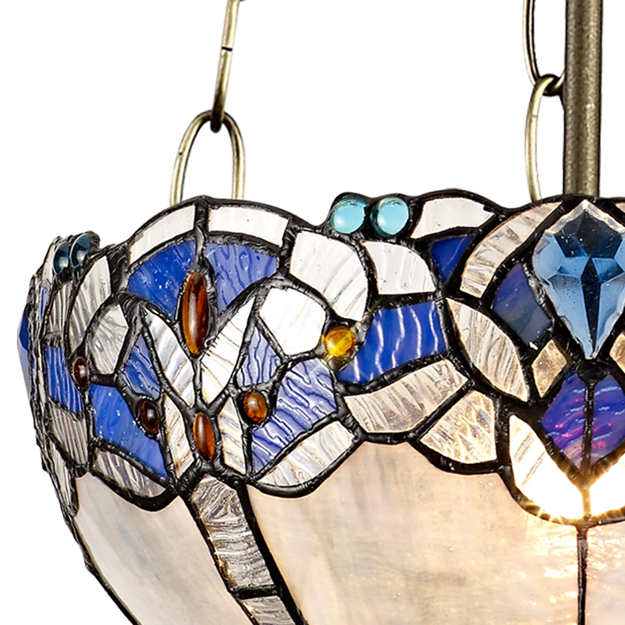Oksana 2/3 Light Medium/Large Uplighter Centre Ceiling Light E27 With 30cm Tiffany Shade, Blue & Clear Crystal & Aged Antique Brass - Image 16