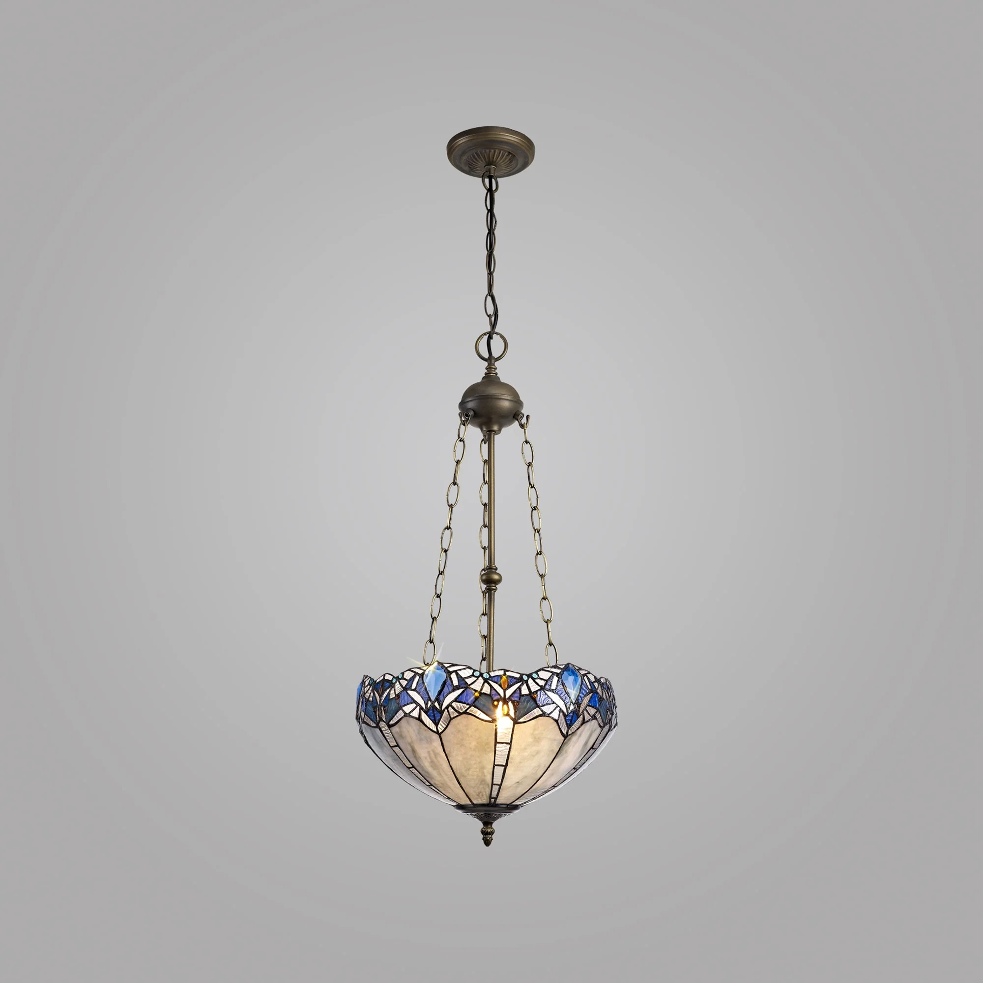 Oksana 2/3 Light Medium/Large Uplighter Centre Ceiling Light E27 With 30cm Tiffany Shade, Blue & Clear Crystal & Aged Antique Brass - Image 18