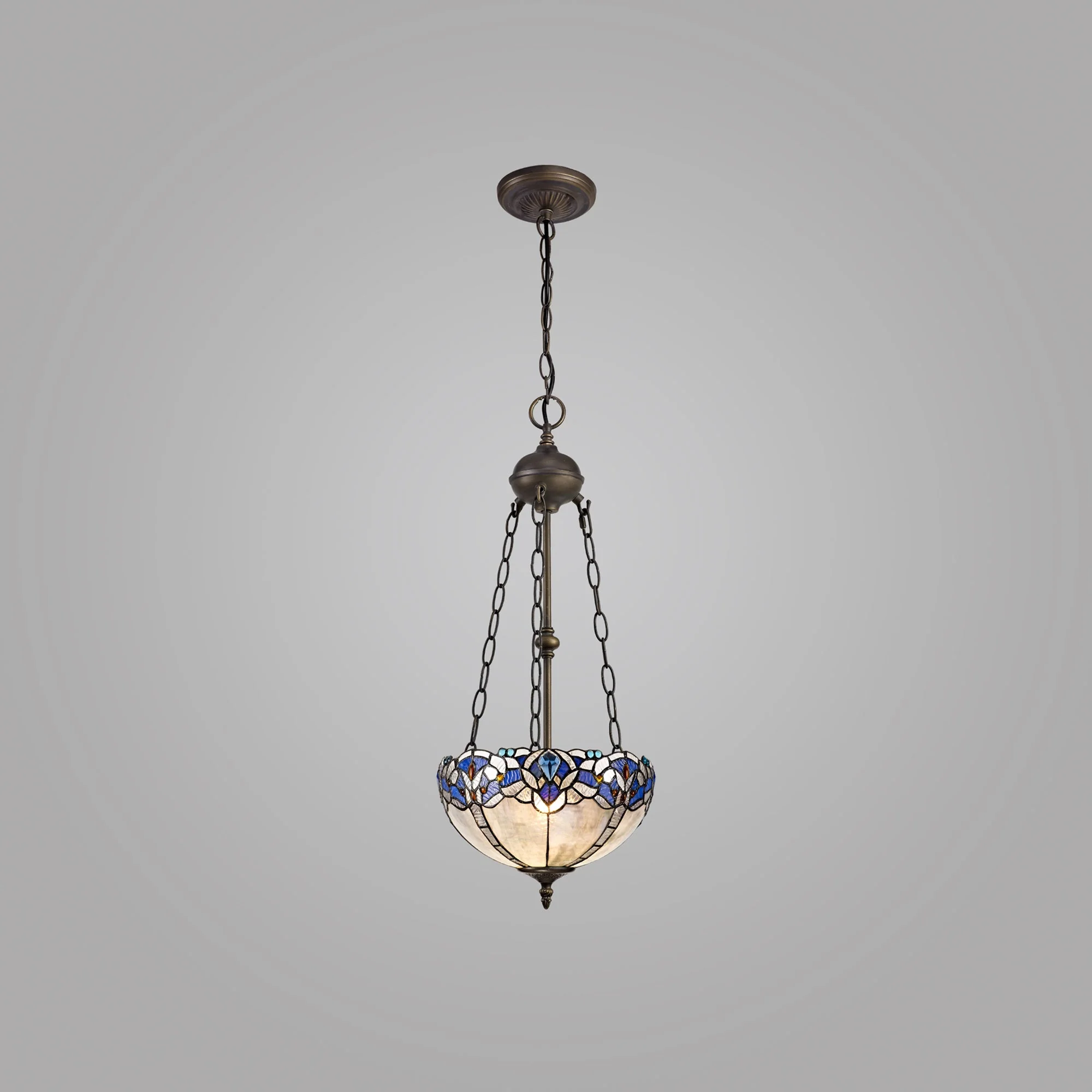 Oksana 2/3 Light Medium/Large Uplighter Centre Ceiling Light E27 With 30cm Tiffany Shade, Blue & Clear Crystal & Aged Antique Brass - Image 2