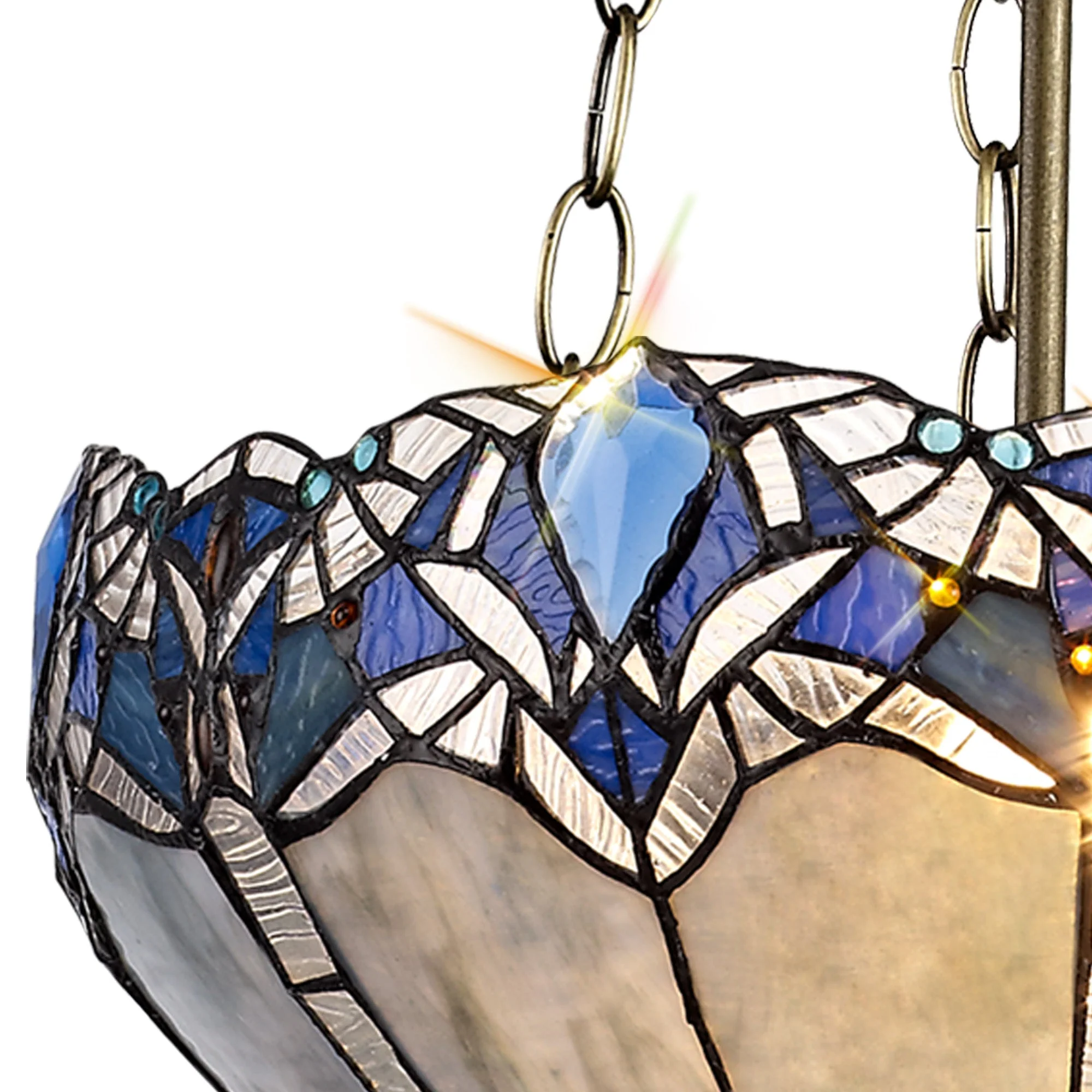 Oksana 2/3 Light Medium/Large Uplighter Centre Ceiling Light E27 With 30cm Tiffany Shade, Blue & Clear Crystal & Aged Antique Brass - Image 21