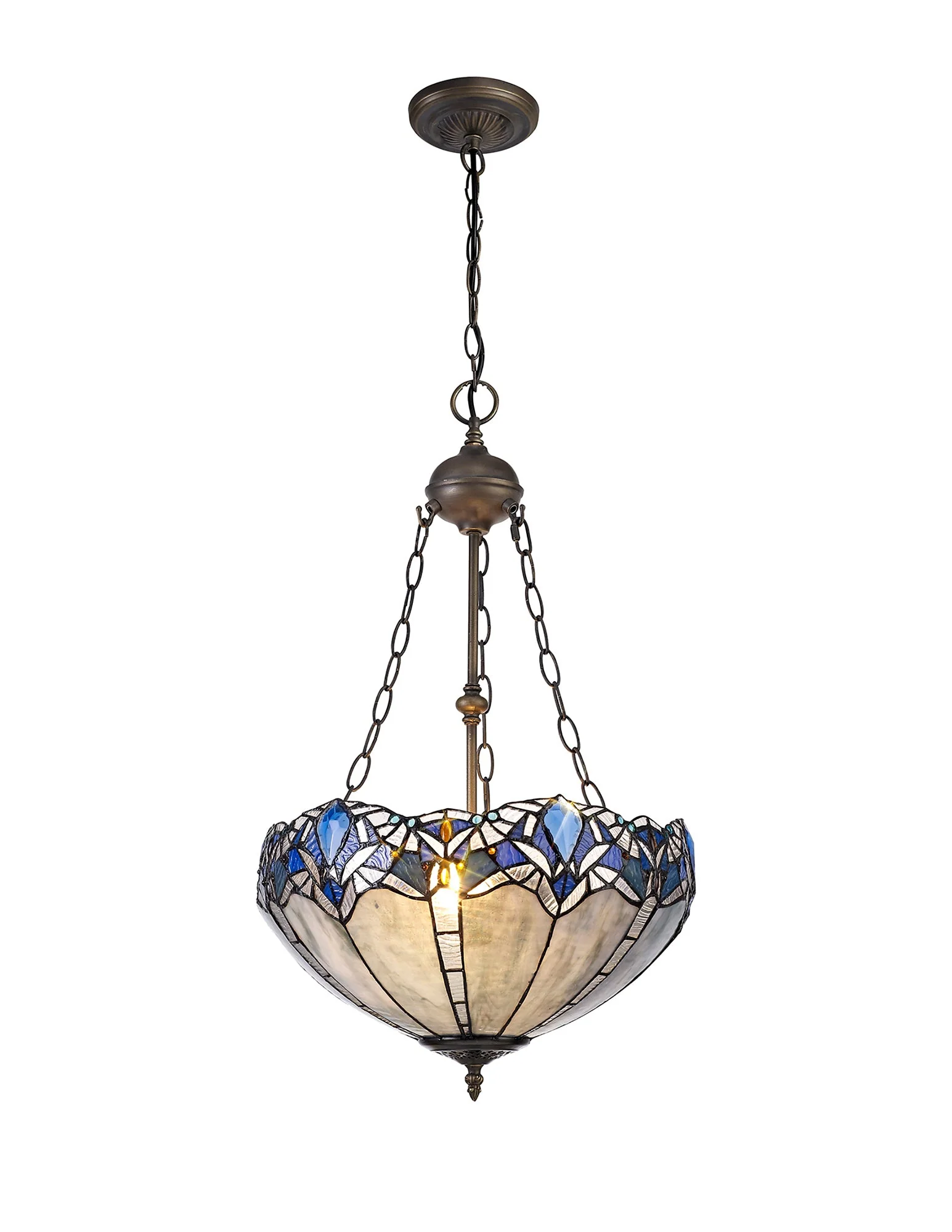 Oksana 2/3 Light Medium/Large Uplighter Centre Ceiling Light E27 With 30cm Tiffany Shade, Blue & Clear Crystal & Aged Antique Brass - Image 24