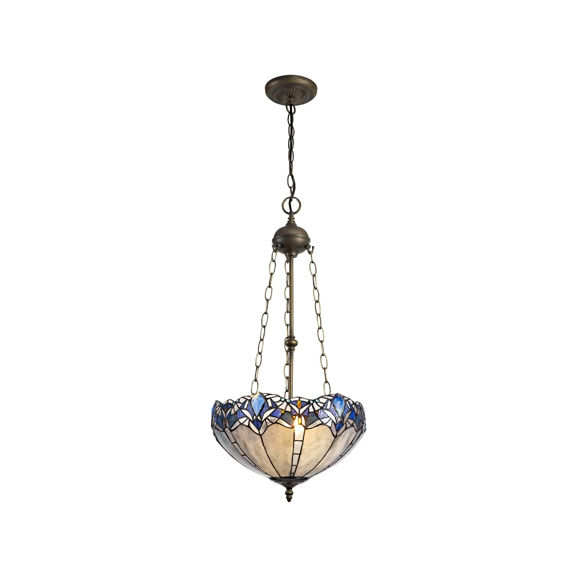 Oksana 2/3 Light Medium/Large Uplighter Centre Ceiling Light E27 With 30cm Tiffany Shade, Blue & Clear Crystal & Aged Antique Brass - Image 26