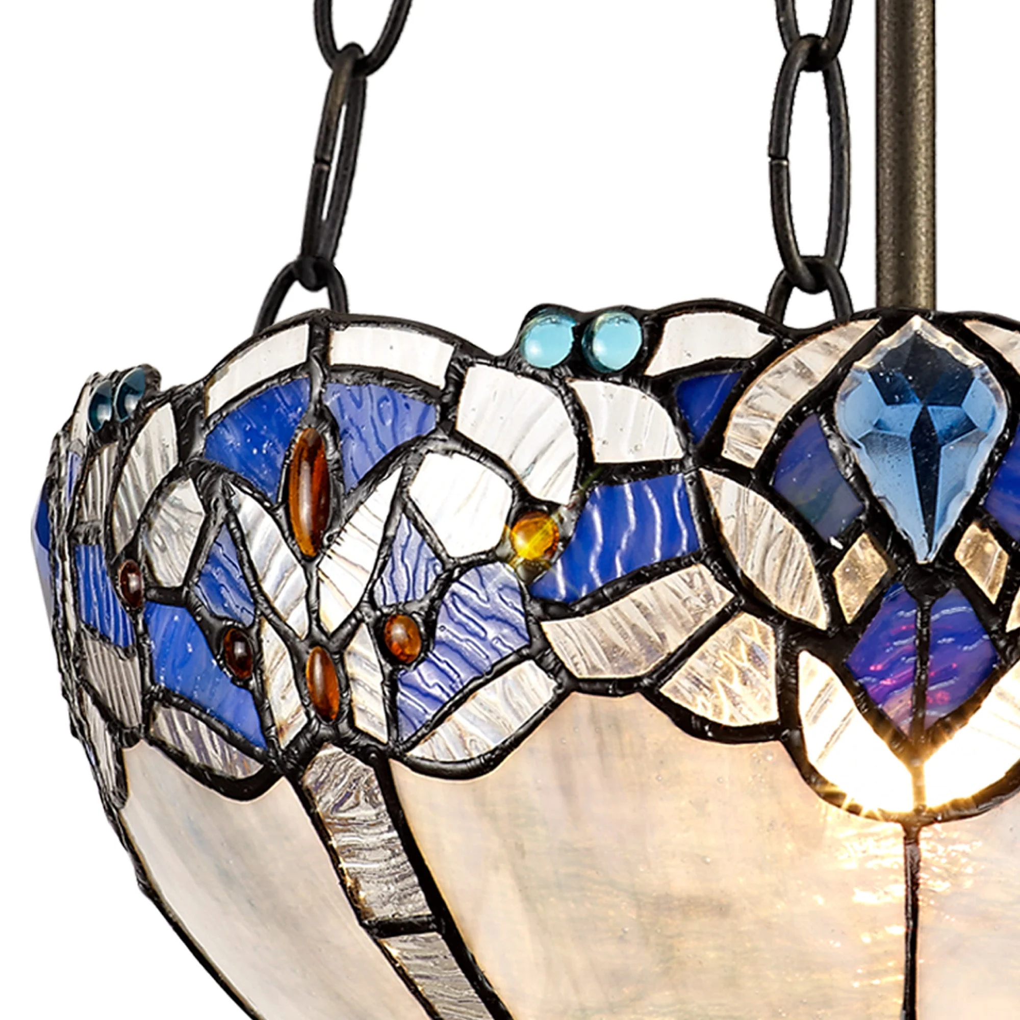 Oksana 2/3 Light Medium/Large Uplighter Centre Ceiling Light E27 With 30cm Tiffany Shade, Blue & Clear Crystal & Aged Antique Brass - Image 5