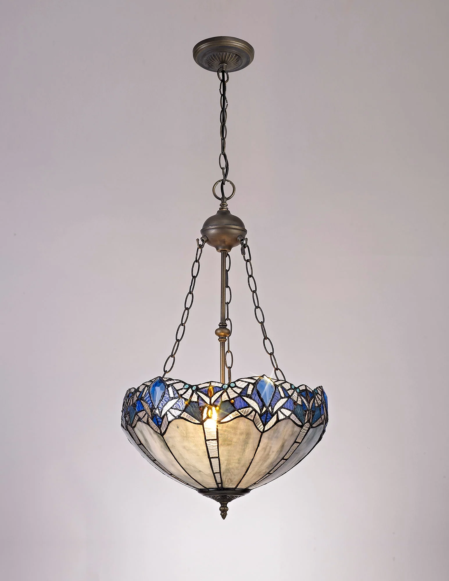Oksana 2/3 Light Medium/Large Uplighter Centre Ceiling Light E27 With 30cm Tiffany Shade, Blue & Clear Crystal & Aged Antique Brass - Image 7
