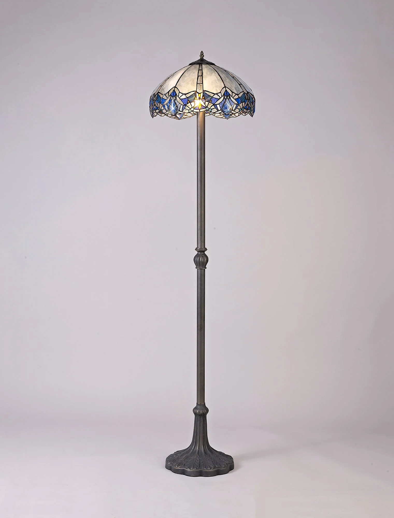 Oksana 2 Light Leaf/Octagonal/Stepped Design Floor Lamp E27 With 40cm Tiffany Shade, Blue & Clear Crystal & Aged Antique Brass - Image 2