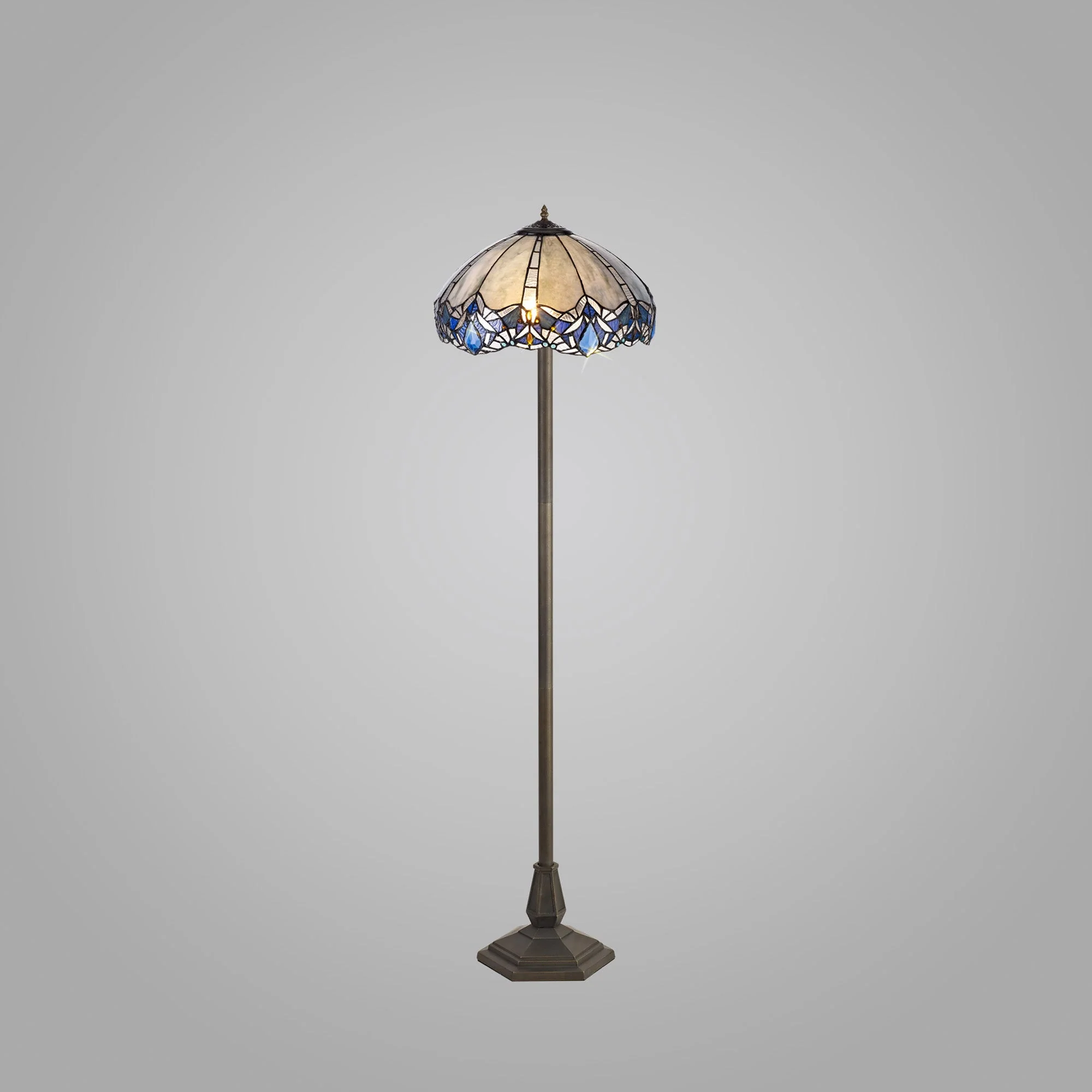 Oksana 2 Light Leaf/Octagonal/Stepped Design Floor Lamp E27 With 40cm Tiffany Shade, Blue & Clear Crystal & Aged Antique Brass - Image 6