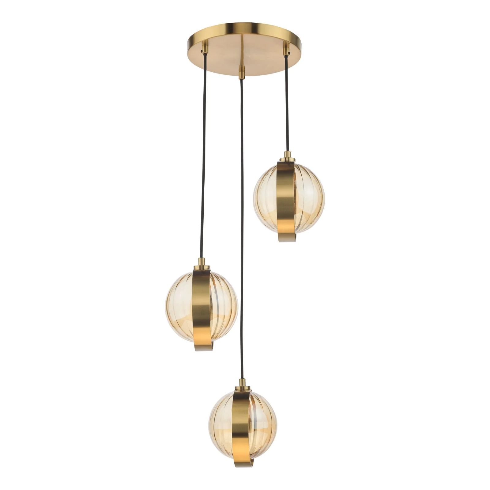 Ophira 3 Light Cluster Pendant- Antique Gold and Amber Ribbed Glass - Image 2