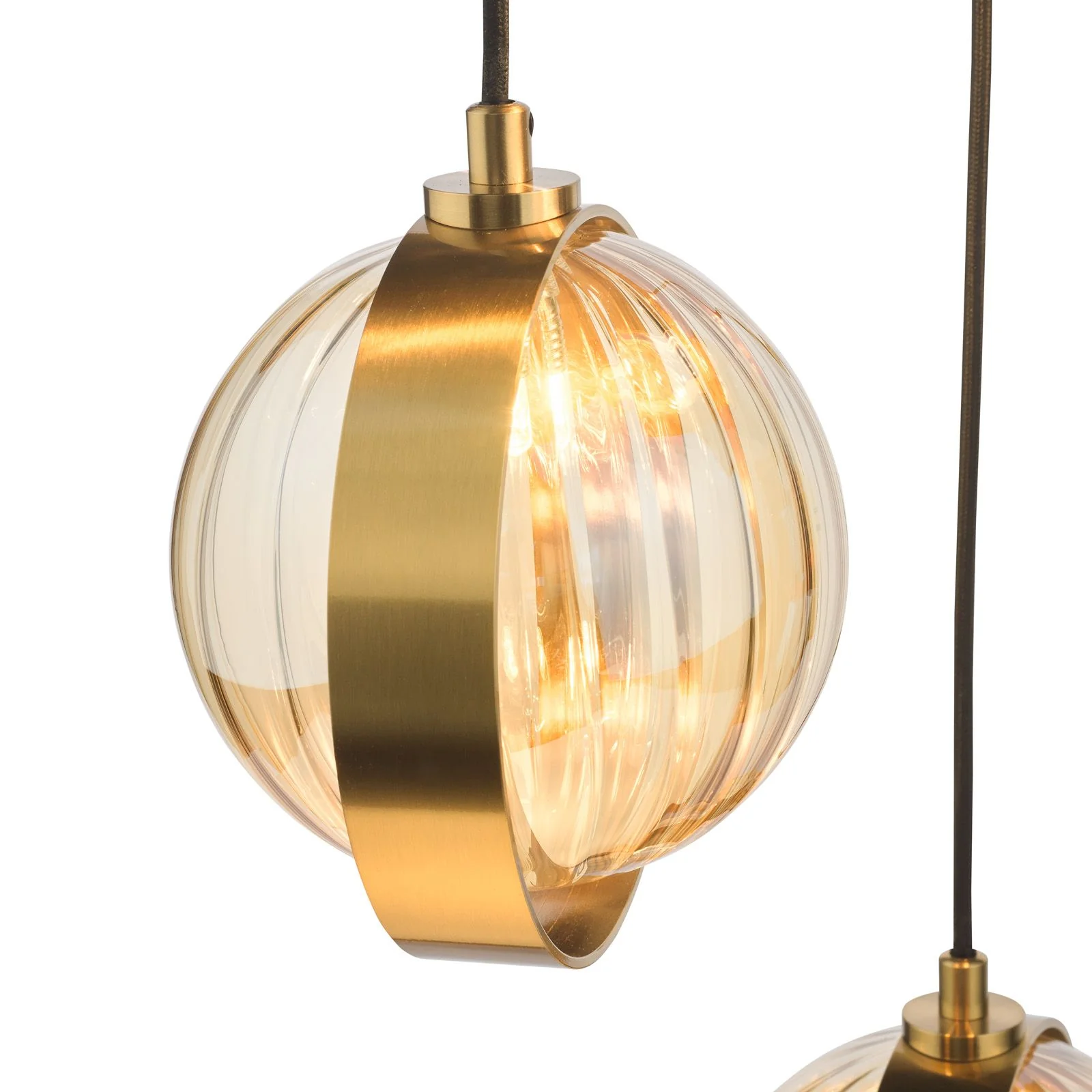 Ophira 3 Light Cluster Pendant- Antique Gold and Amber Ribbed Glass - Image 3
