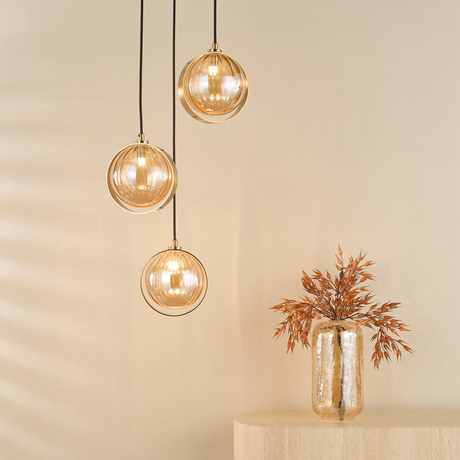 Ophira 3 Light Cluster Pendant- Antique Gold and Amber Ribbed Glass - Image 4